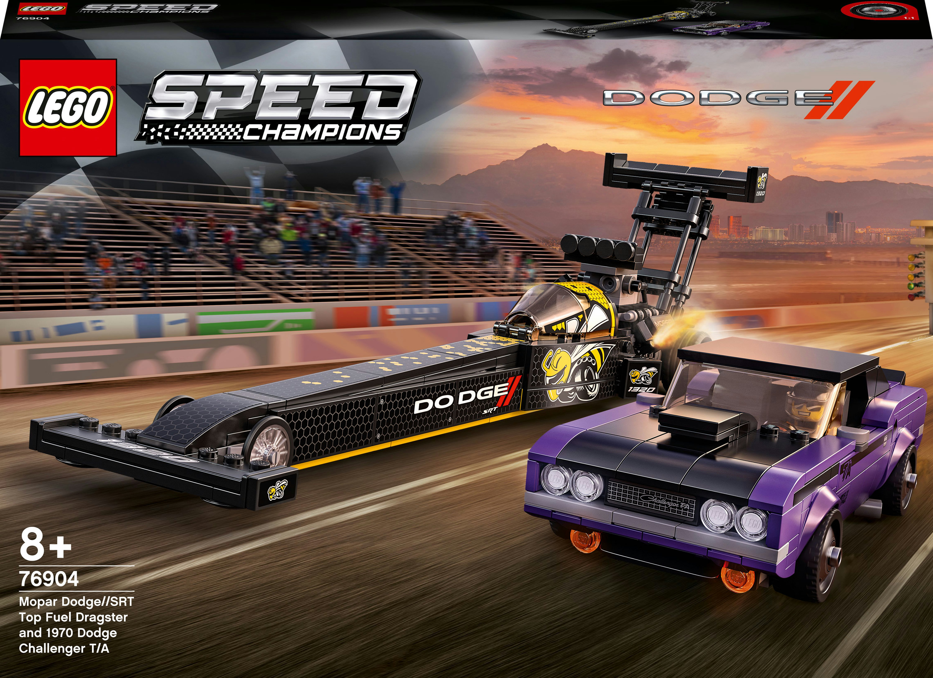 Set Lego Speed Champions: Dragster e un'auto Dodge Challenger T/A viola del 1970.