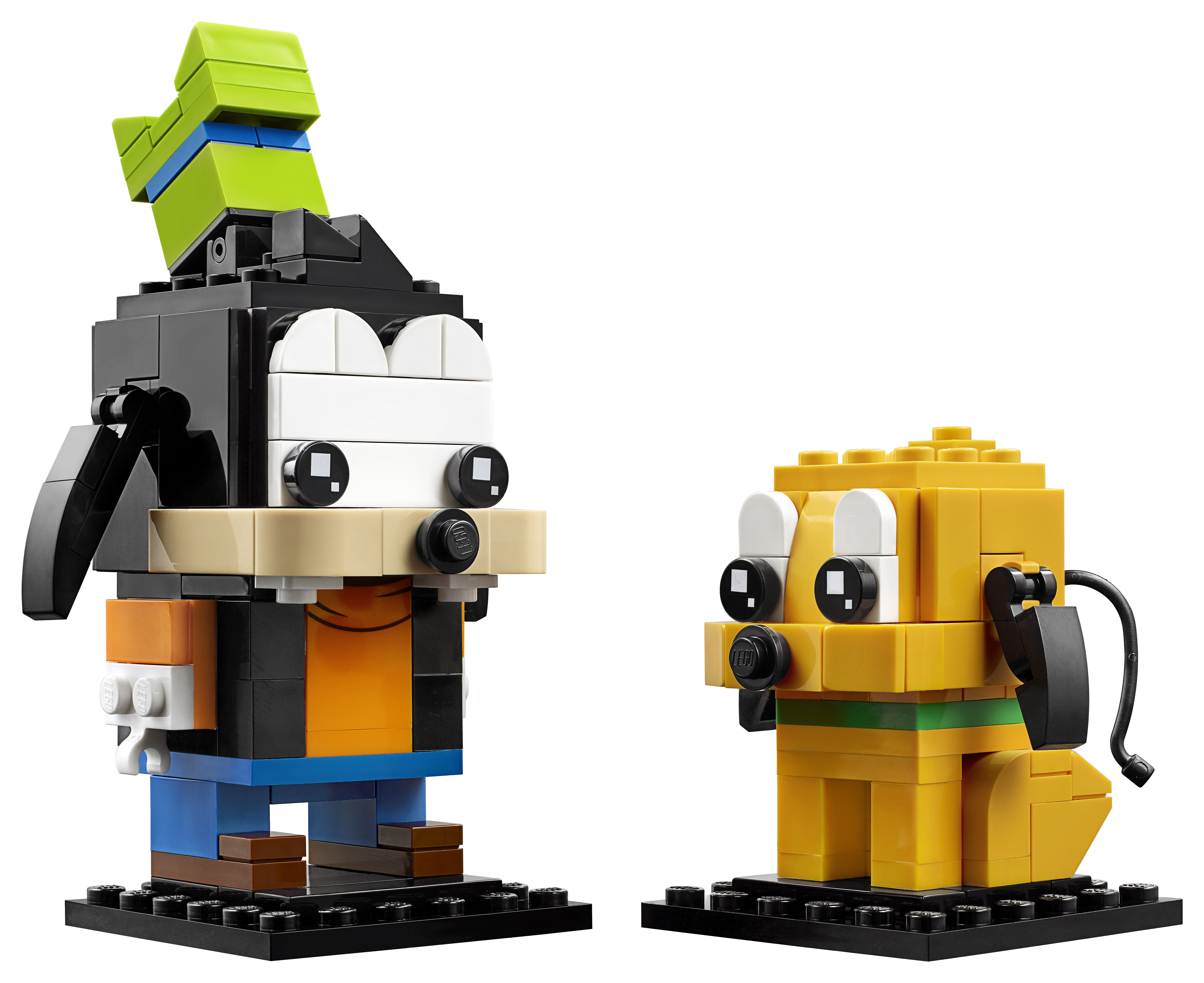 Zwei Lego-Figuren der Disney-Figuren Goofy und Pluto auf schwarzen Lego-Basen.