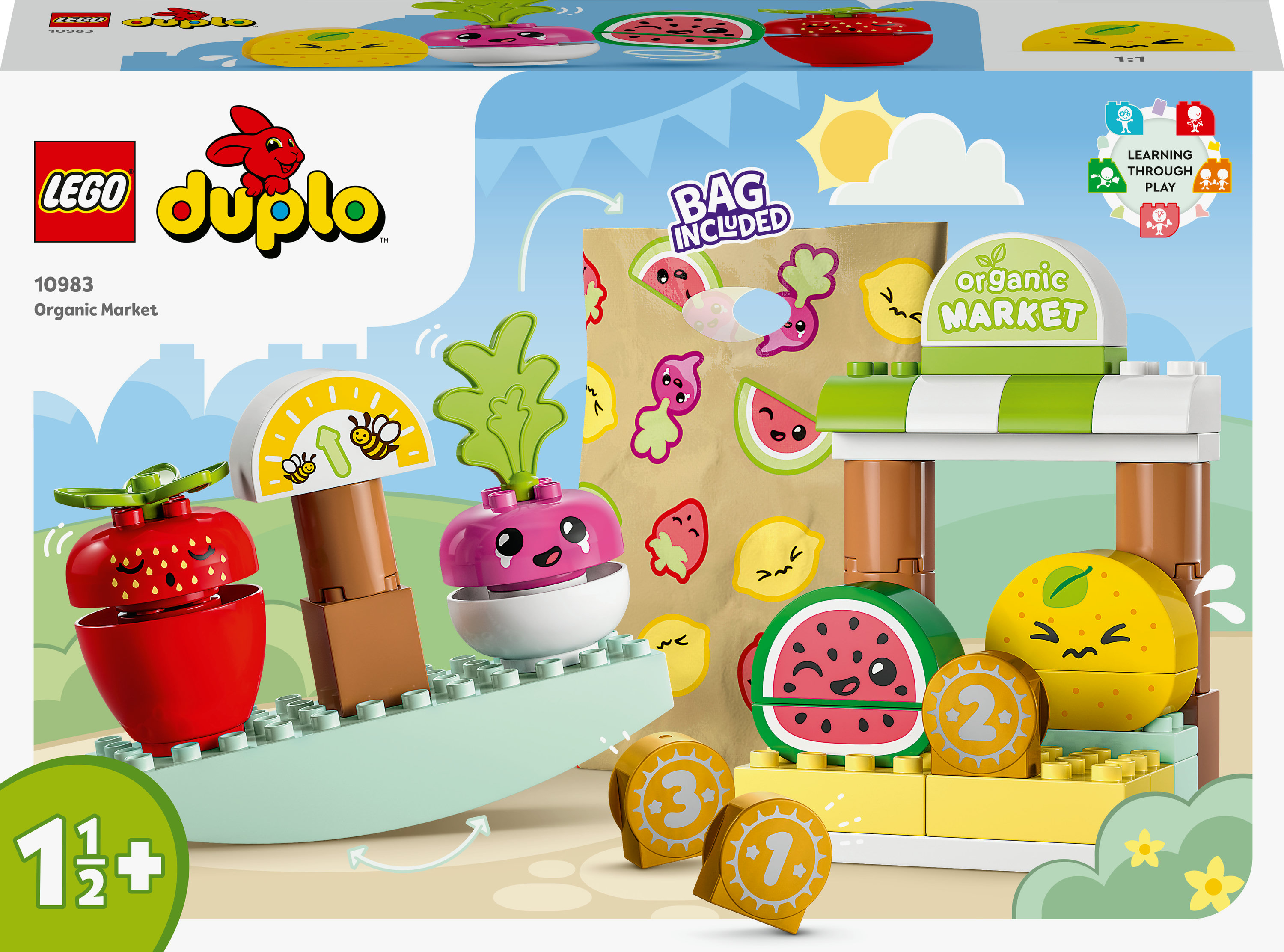 Ein LEGO Duplo-Set mit Bio-Markt-Komponenten und Figuren. Enthält Früchte, Gemüse und Zahlentafeln.