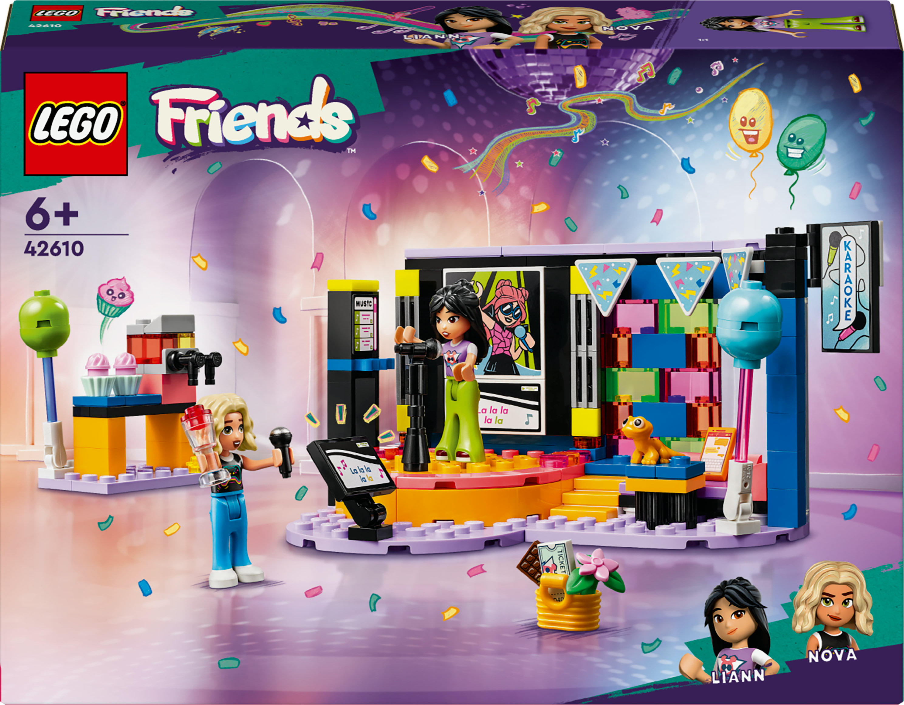 Lego Friends set doos. Scène met twee meisjes die zingen op een podium met een discobal en ballonnen.
