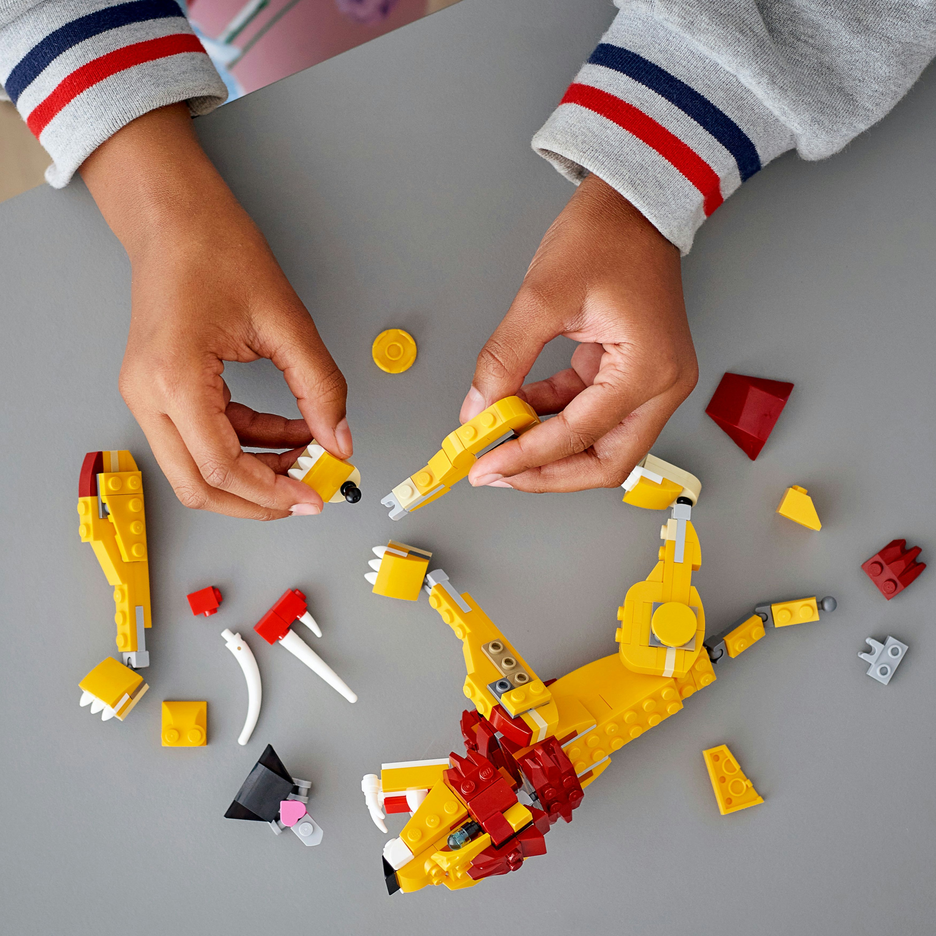 Ręce osoby składającej żółtego lwa LEGO z czerwonymi i czarnymi detalami.