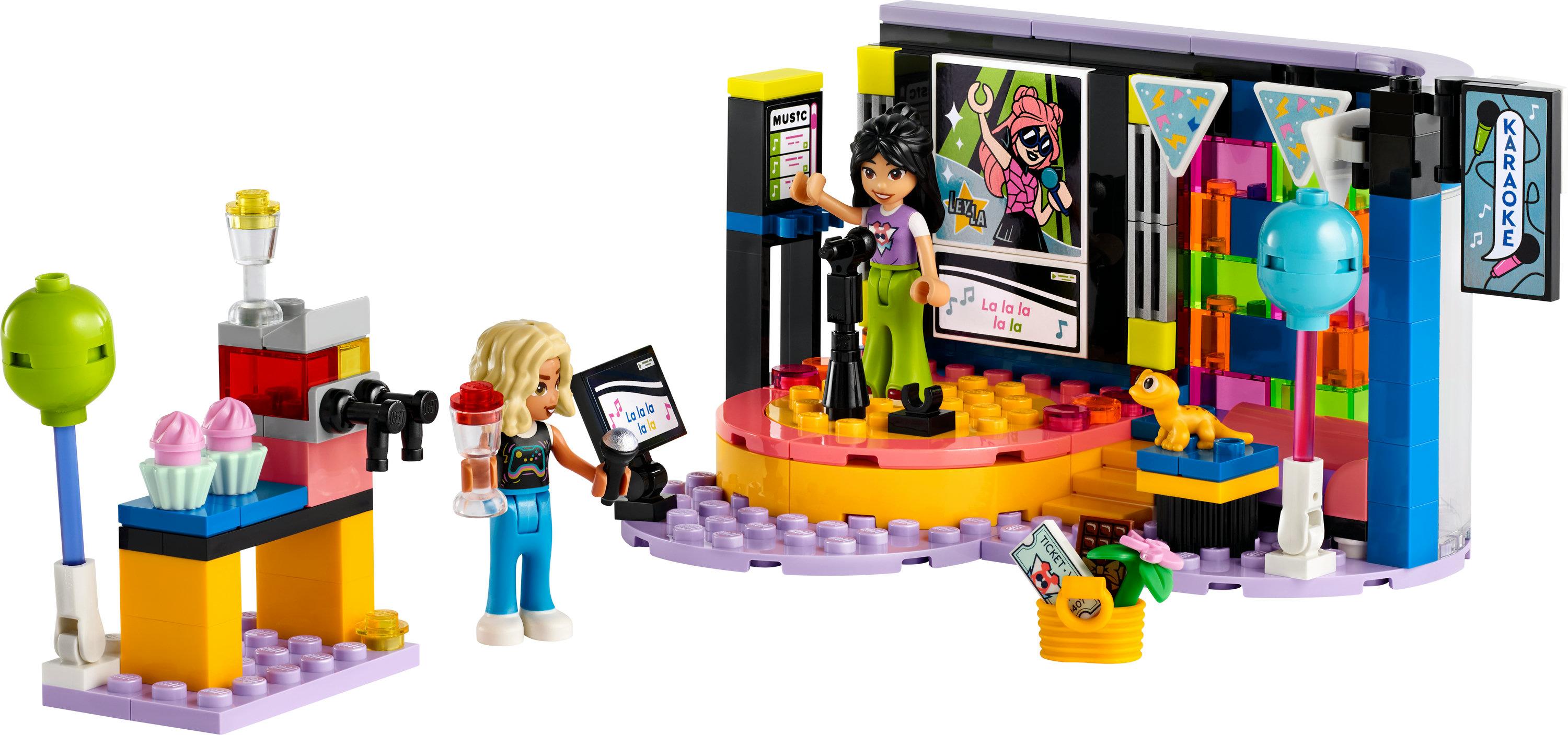 LEGO Friends karaokepodium set met figuren. Inclusief podium, speakers en accessoires.