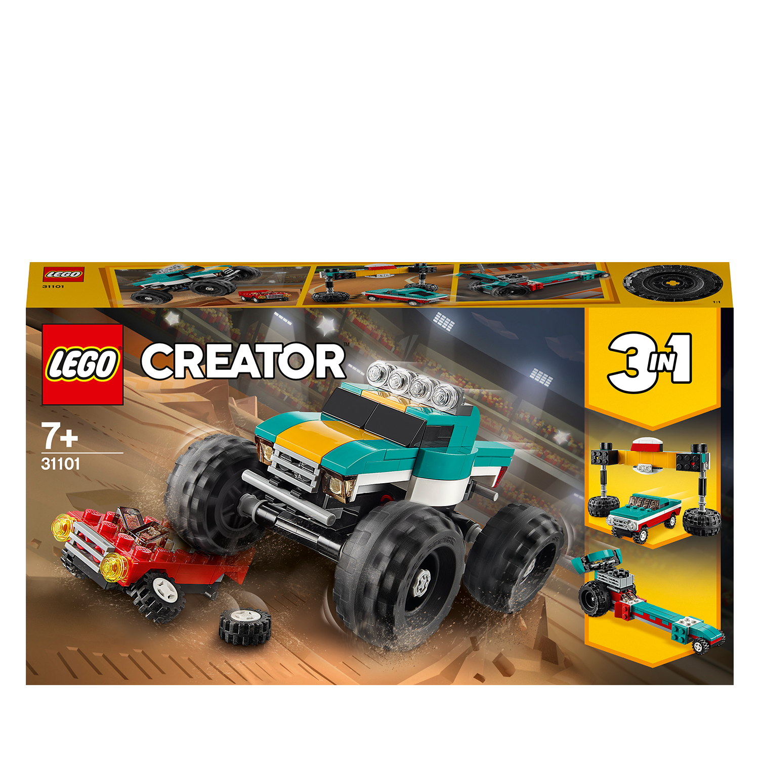 Lego Creator Set mit Monstertruck, rotem Auto und 3-in-1-Bauoptionen.