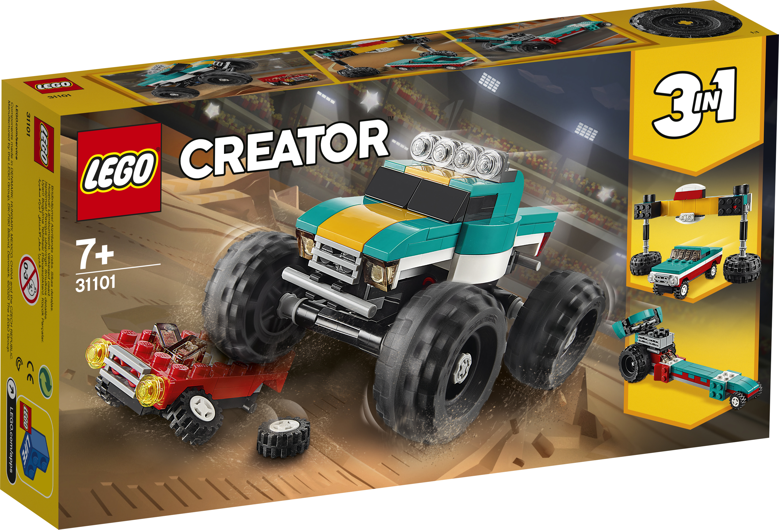Lego Creator Box mit einem Monstertruck und zwei weiteren Modellen. Die Box zeigt '3 in 1'.