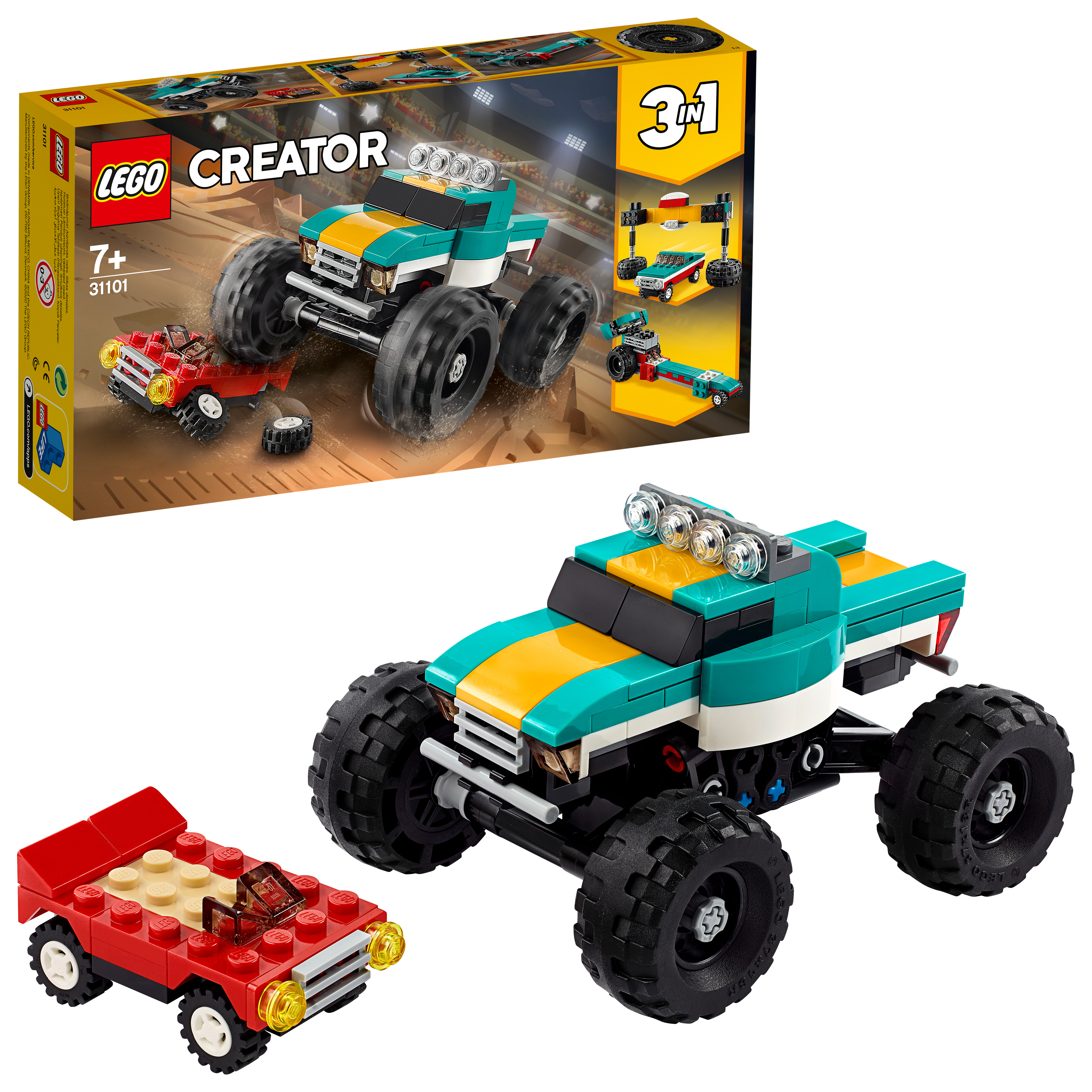 Ein Lego Creator Set zeigt einen Monstertruck und ein kleines rotes Auto. Die Box zeigt den Truck und das Auto.