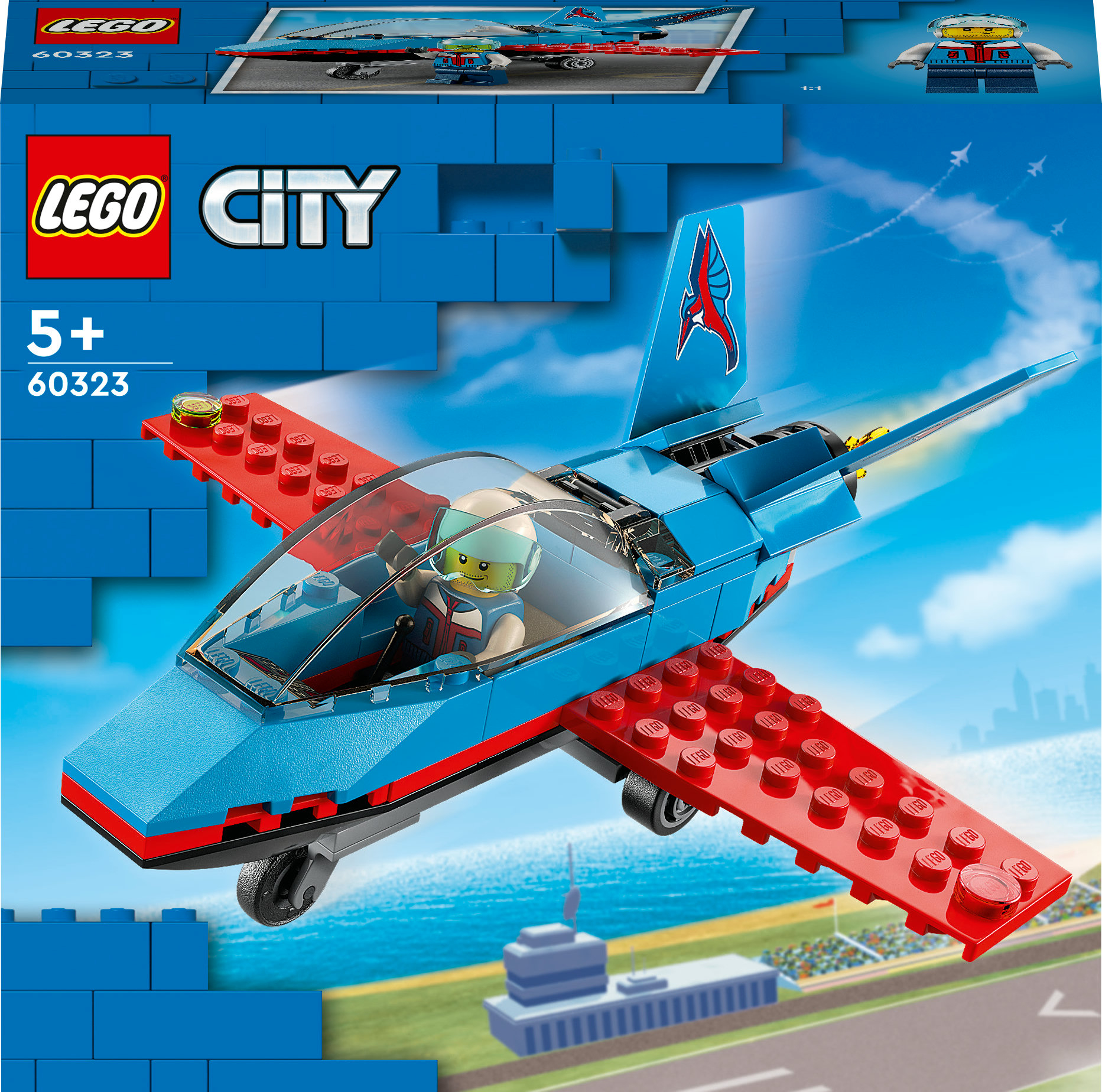 Lego City Set mit einem blau-roten Jet, einer Pilotenfigur und einer blauen Lego-Basis.