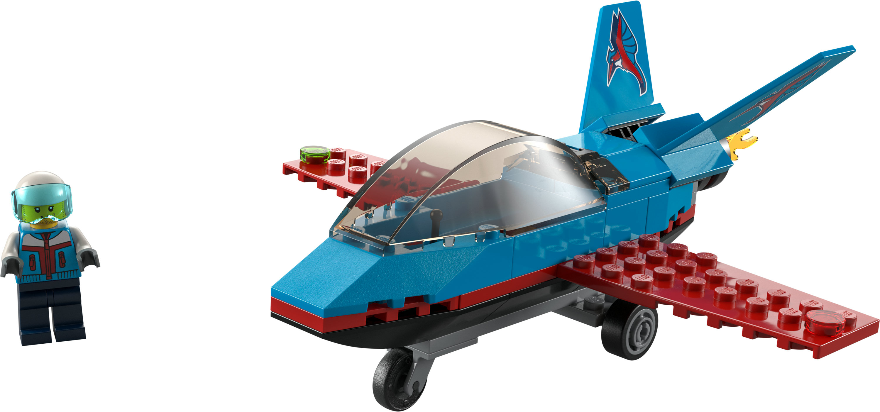 Blaues und rotes Spielzeug-Düsenflugzeug und eine Pilotenfigur.