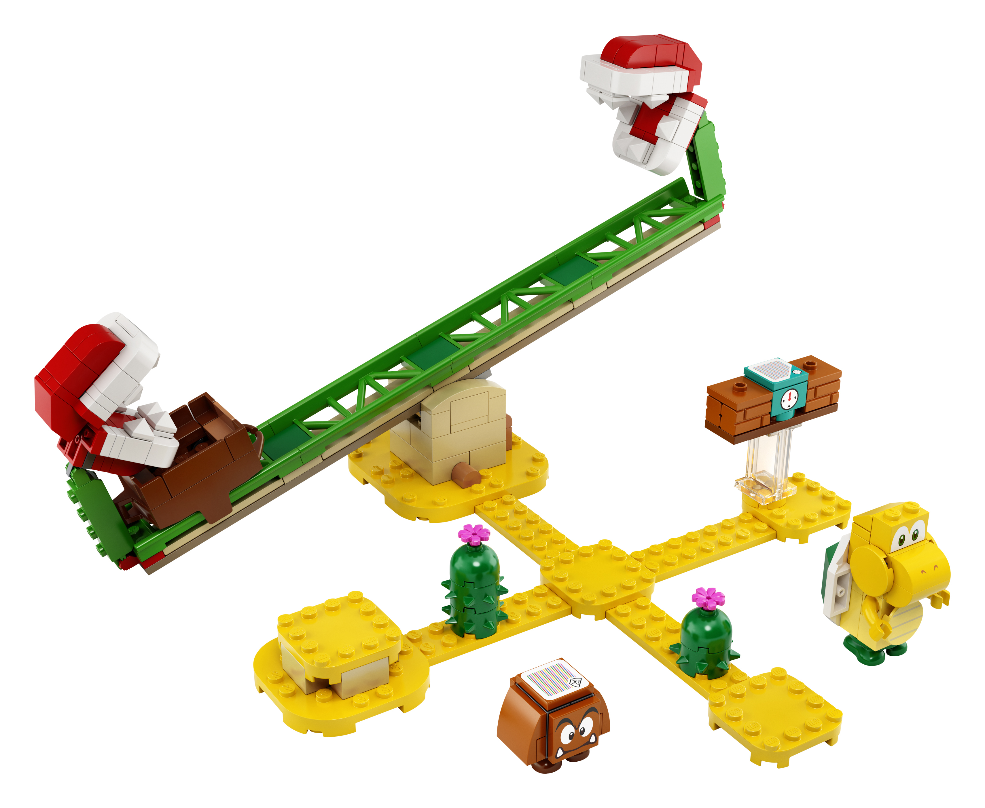 Ein LEGO Super Mario-Set mit einer Wippe, Kakteen und einer Koopa Troopa-Figur.