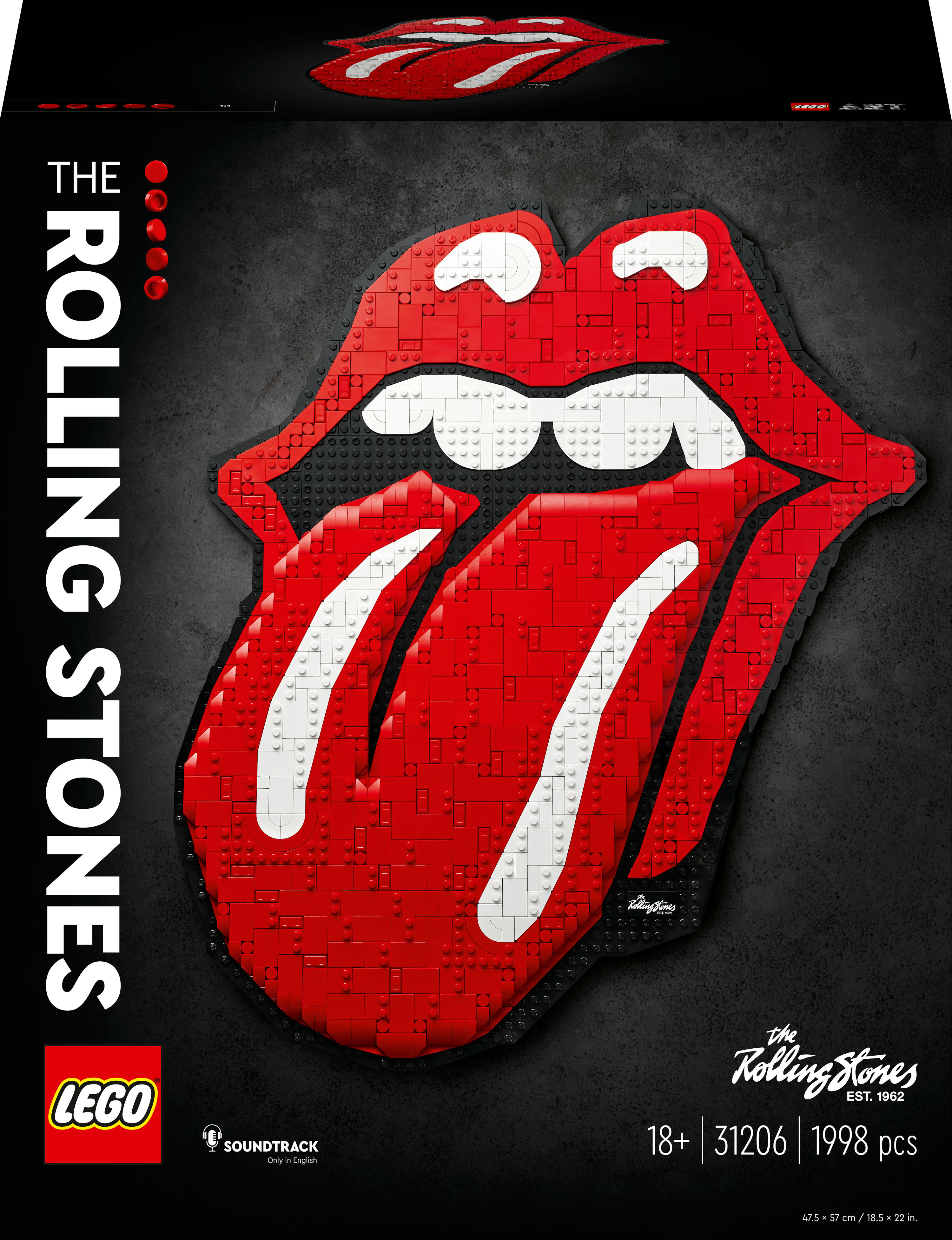 Zestaw Lego przedstawiający logo ust i języka The Rolling Stones, czarne tło.