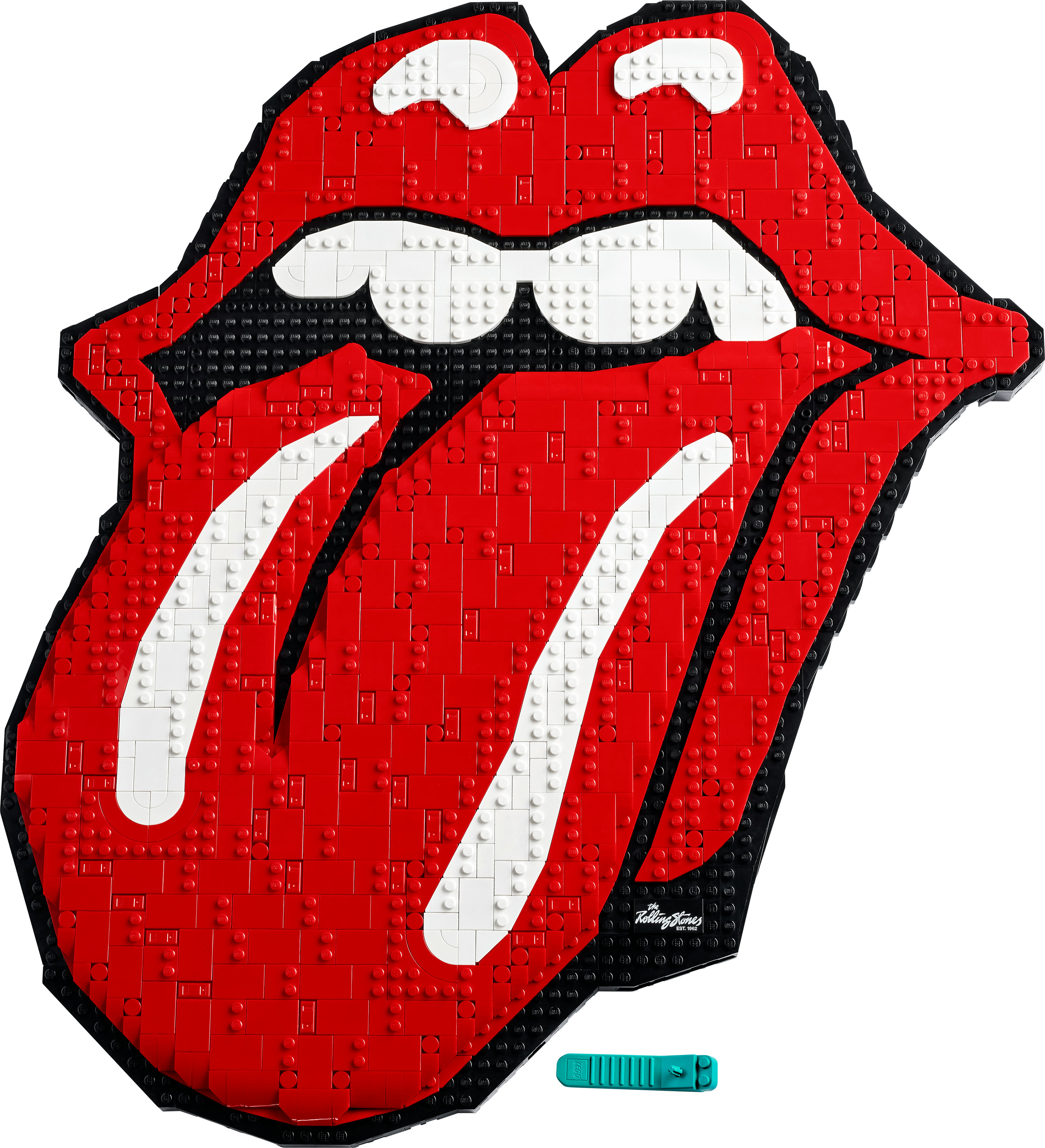 Zestaw Lego przedstawia kultowe logo języka Rolling Stones, zbudowane z czerwonych, białych i czarnych klocków.