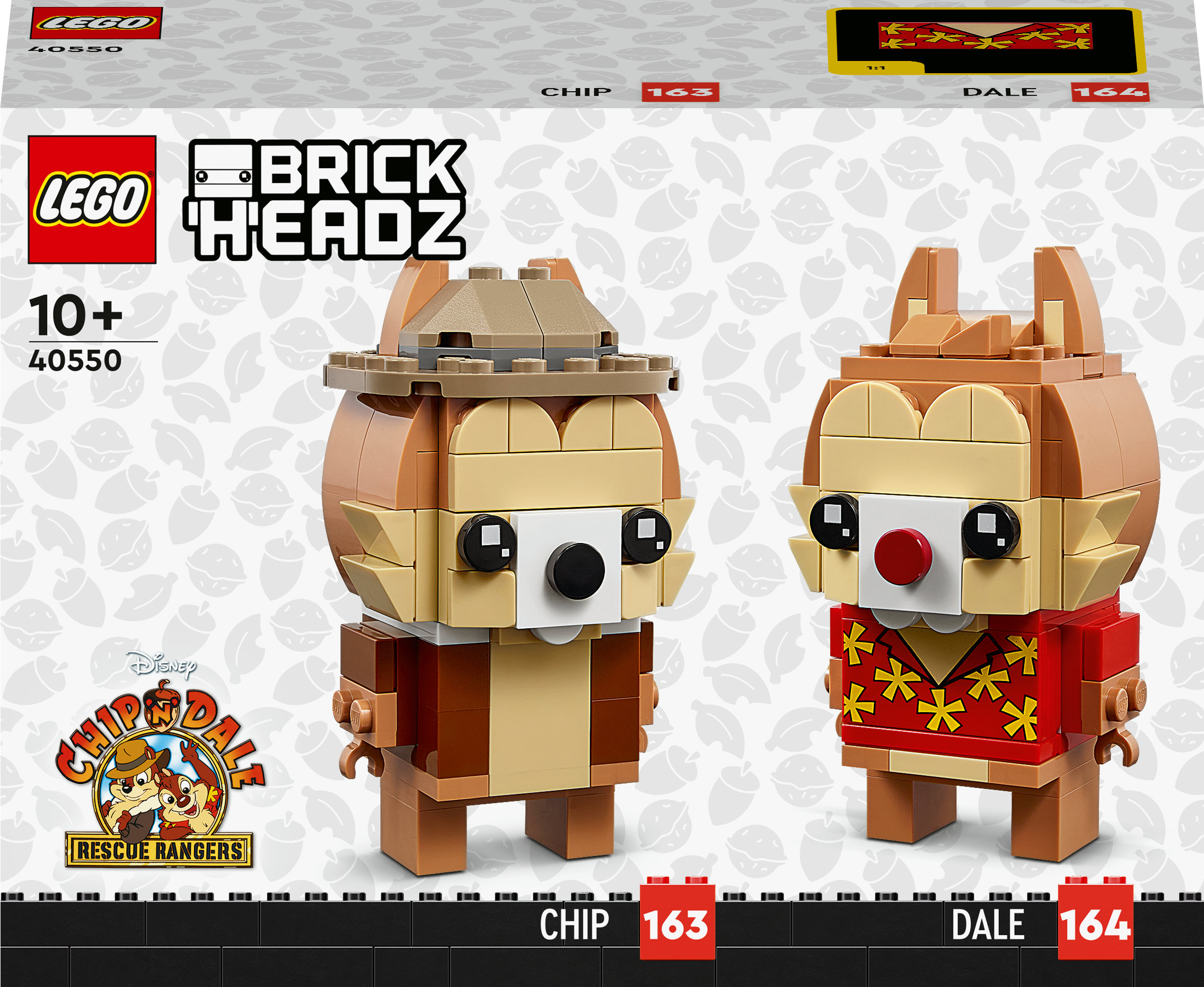 LEGO-Set mit Chip- und Chap-BrickHeadz-Figuren. Chip trägt einen Hut, Chap ein rotes Hemd, beide haben große Augen.