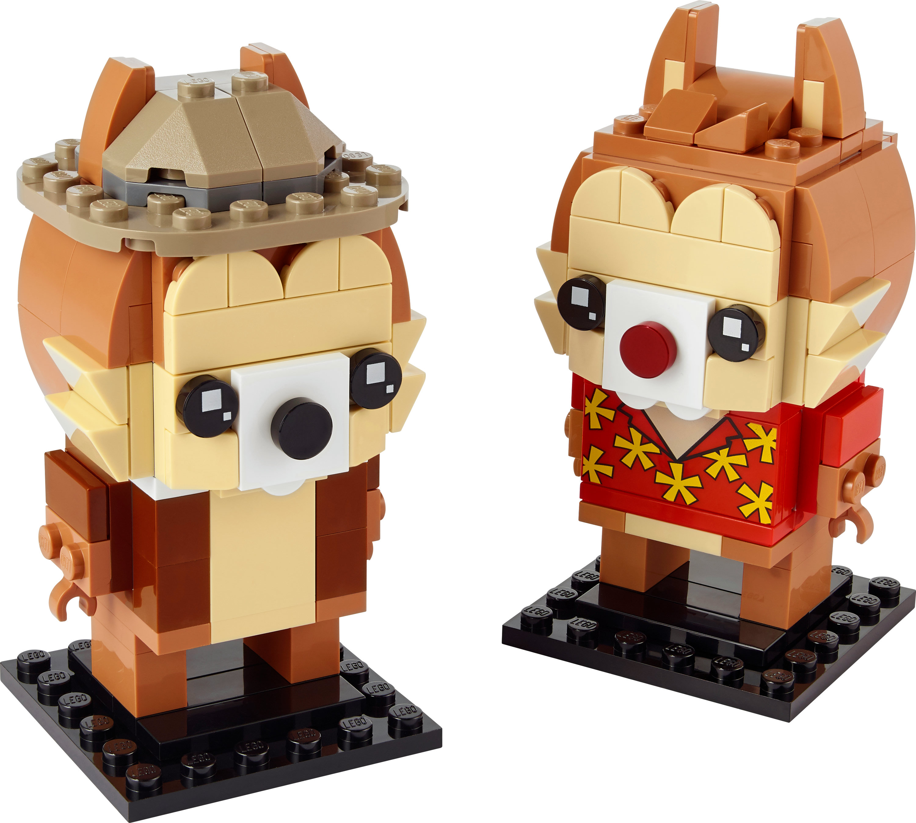 Lego BrickHeadz von Chip und Chap, braun mit verschiedenen Details, auf schwarzen Sockeln.