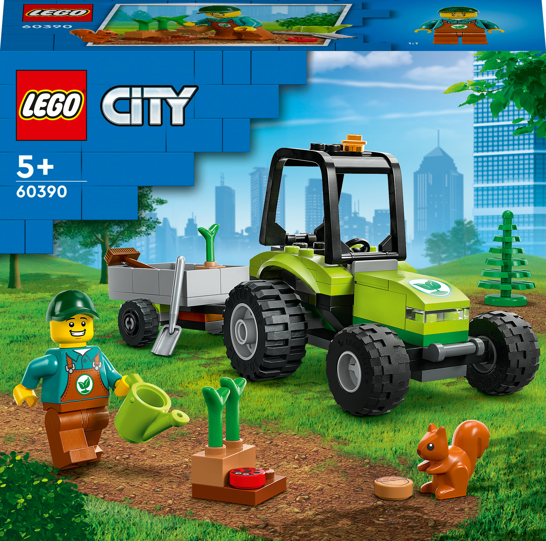LEGO City Gartentraktor Set. Grüner Traktor, Minifigur, Wagen und Pflanzen in einer Gartenszene.