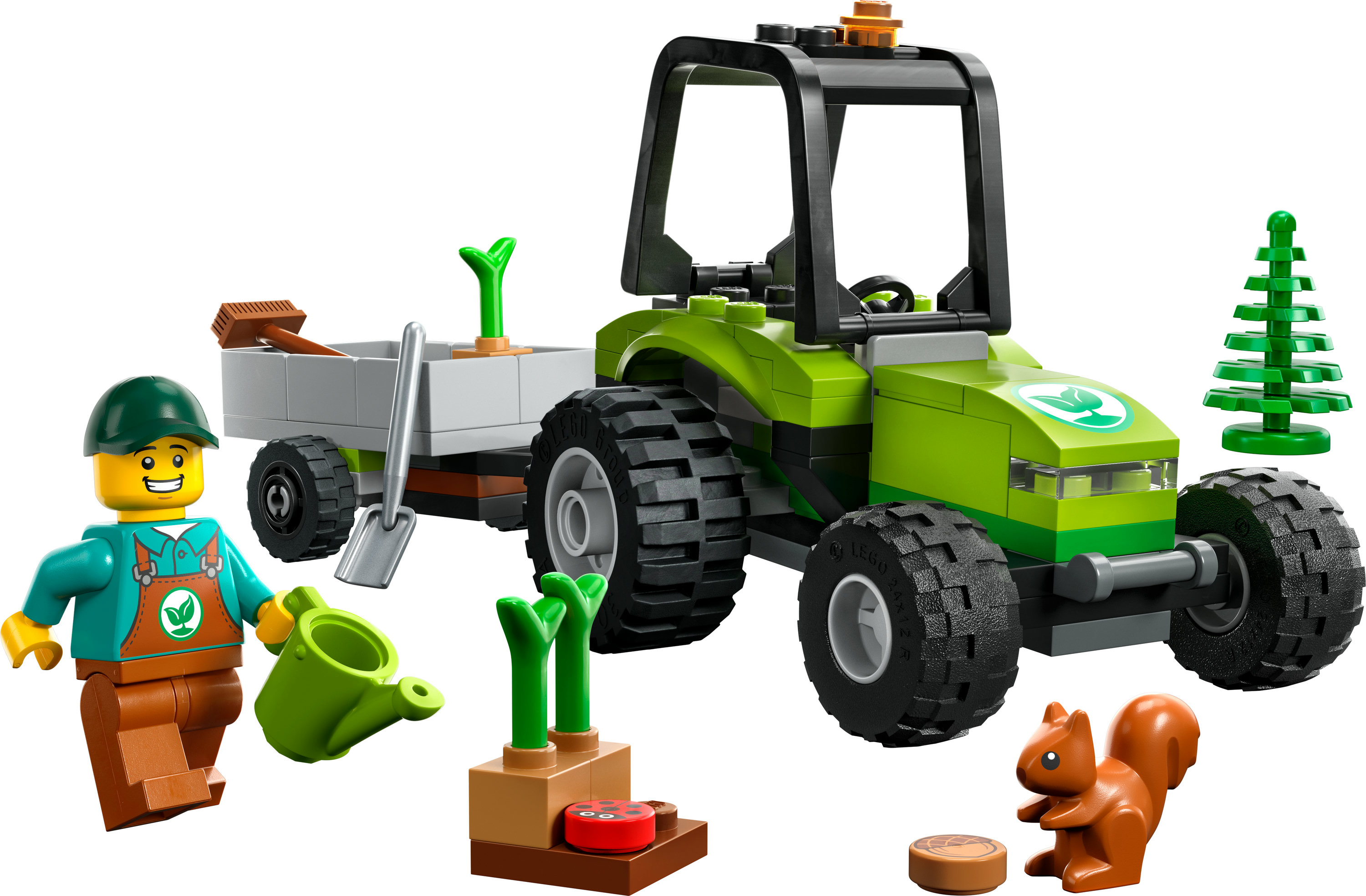 LEGO City Garten-Set: grüner Traktor mit Anhänger, Minifigur mit Werkzeugen und Eichhörnchen.