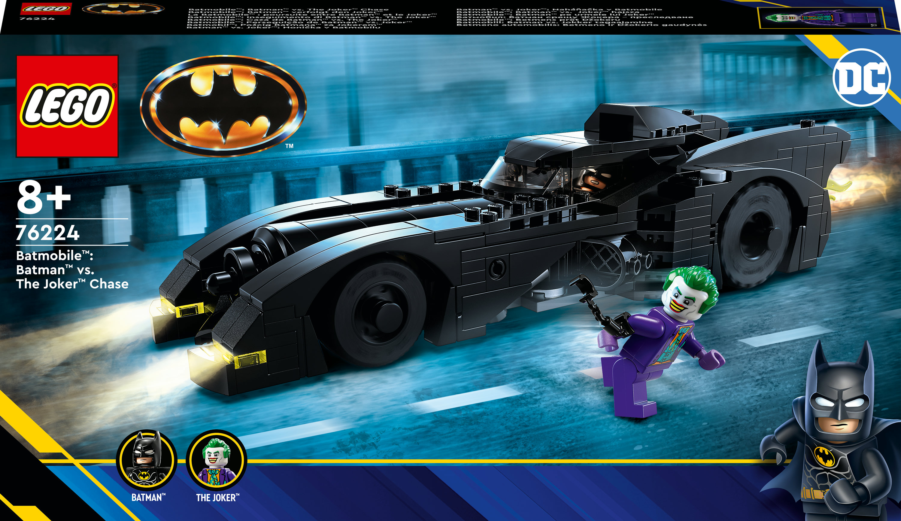 Lego Batman vs. The Joker Set. Ein schwarzes Batmobil und eine Joker-Figur.
