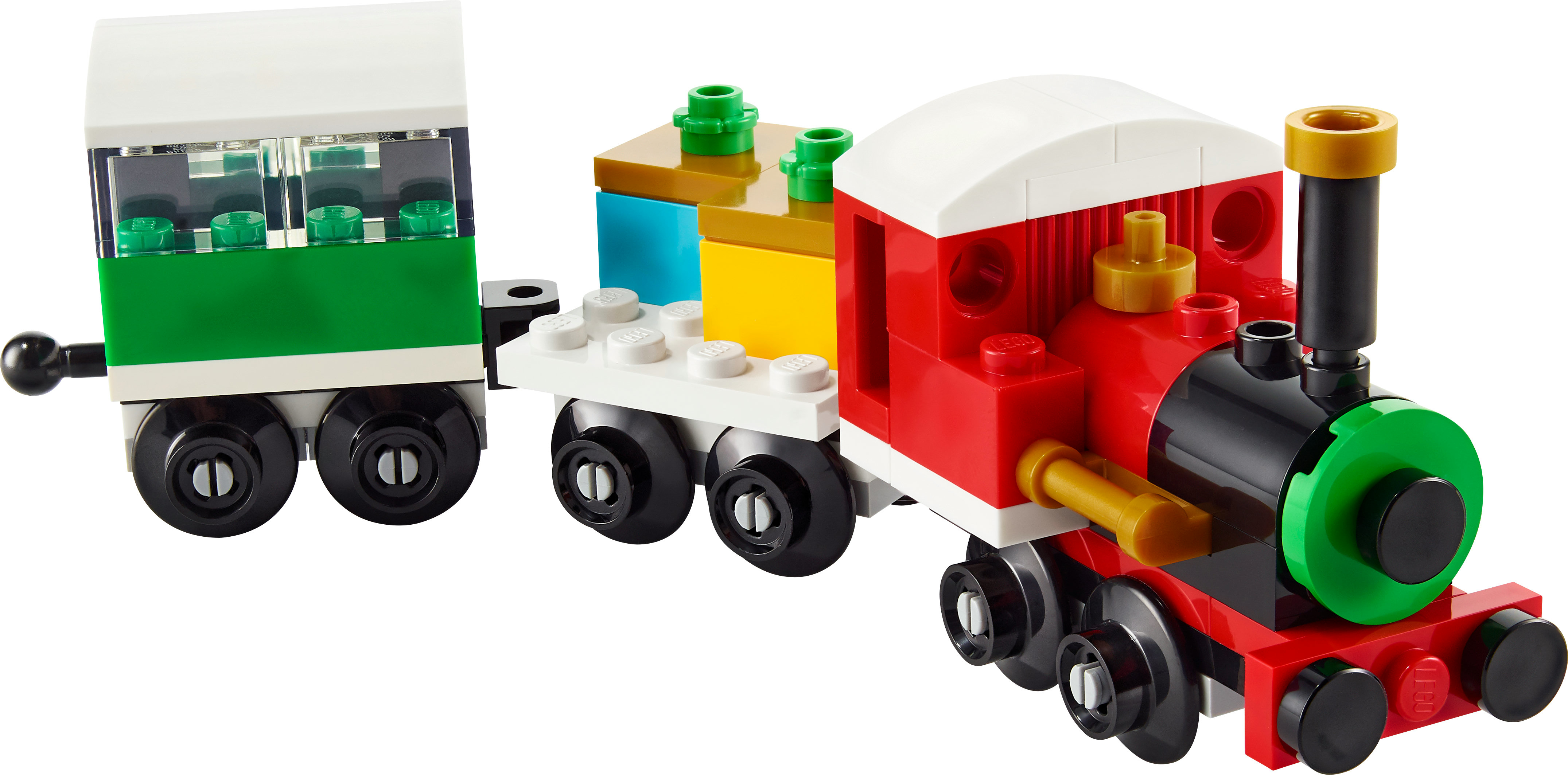 Lego Duplo Zugset. Es hat einen roten Zug, einen grünen Wagen und verschiedene Lego-Steine. Einfaches Design.