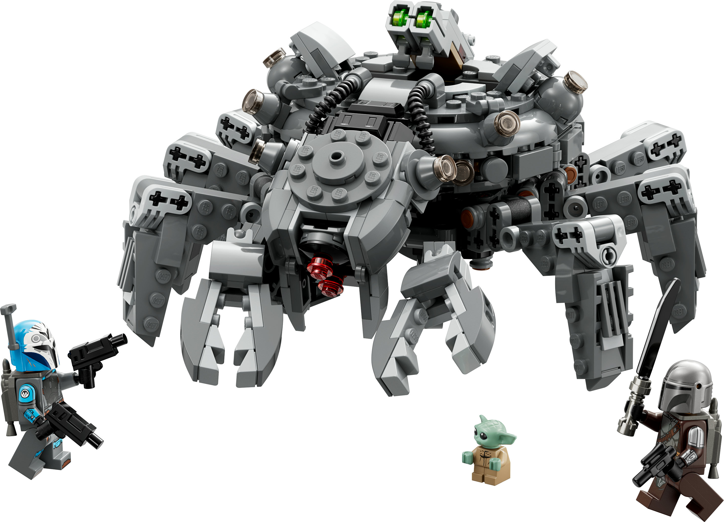 Lego-Set mit einem grauen spinnenartigen Mech, Mandalorianer- und Grogu-Figuren und anderen Charakteren.