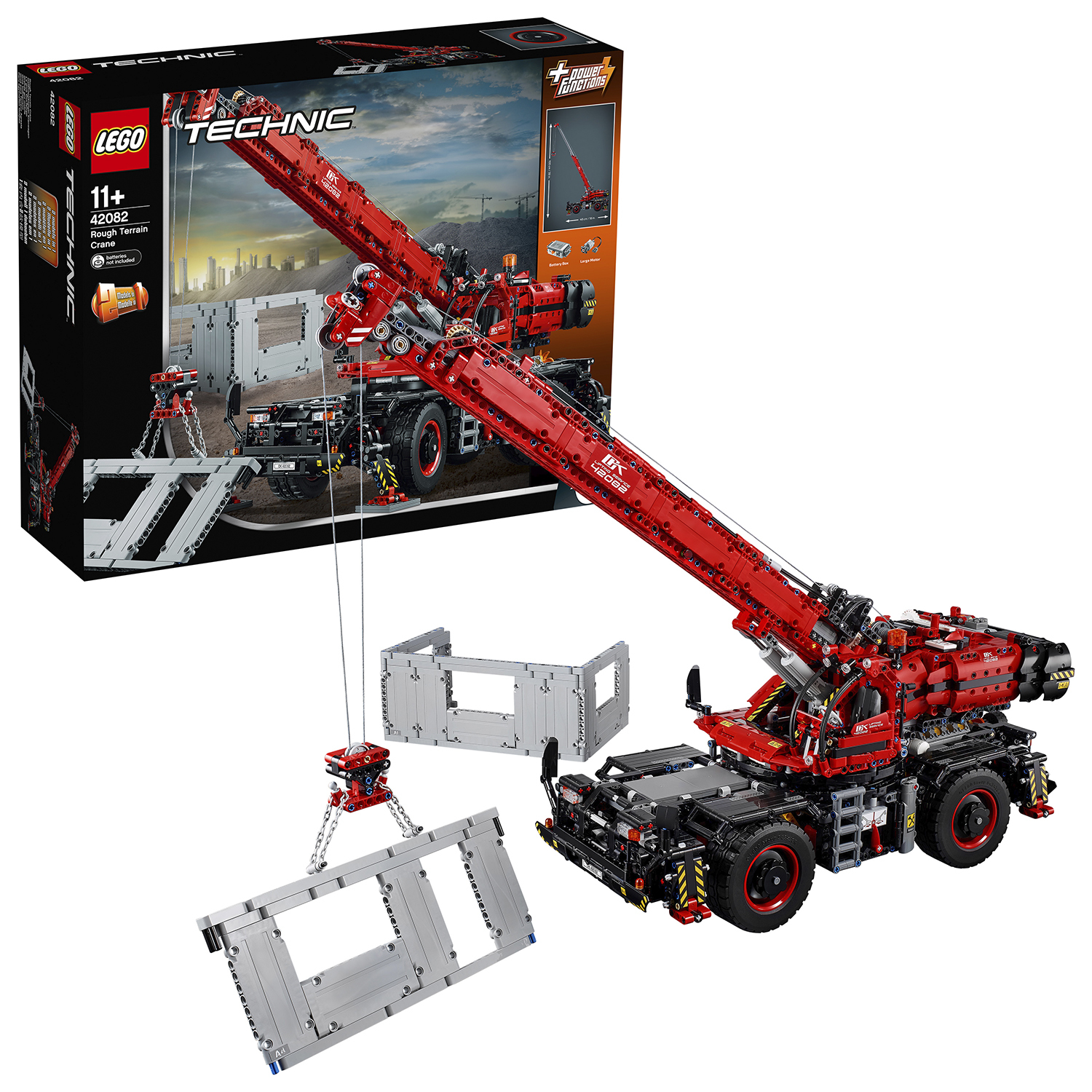 Zestaw LEGO Technic, czerwona ciężarówka z żurawiem o szczegółowym designie i pudełko w tle.