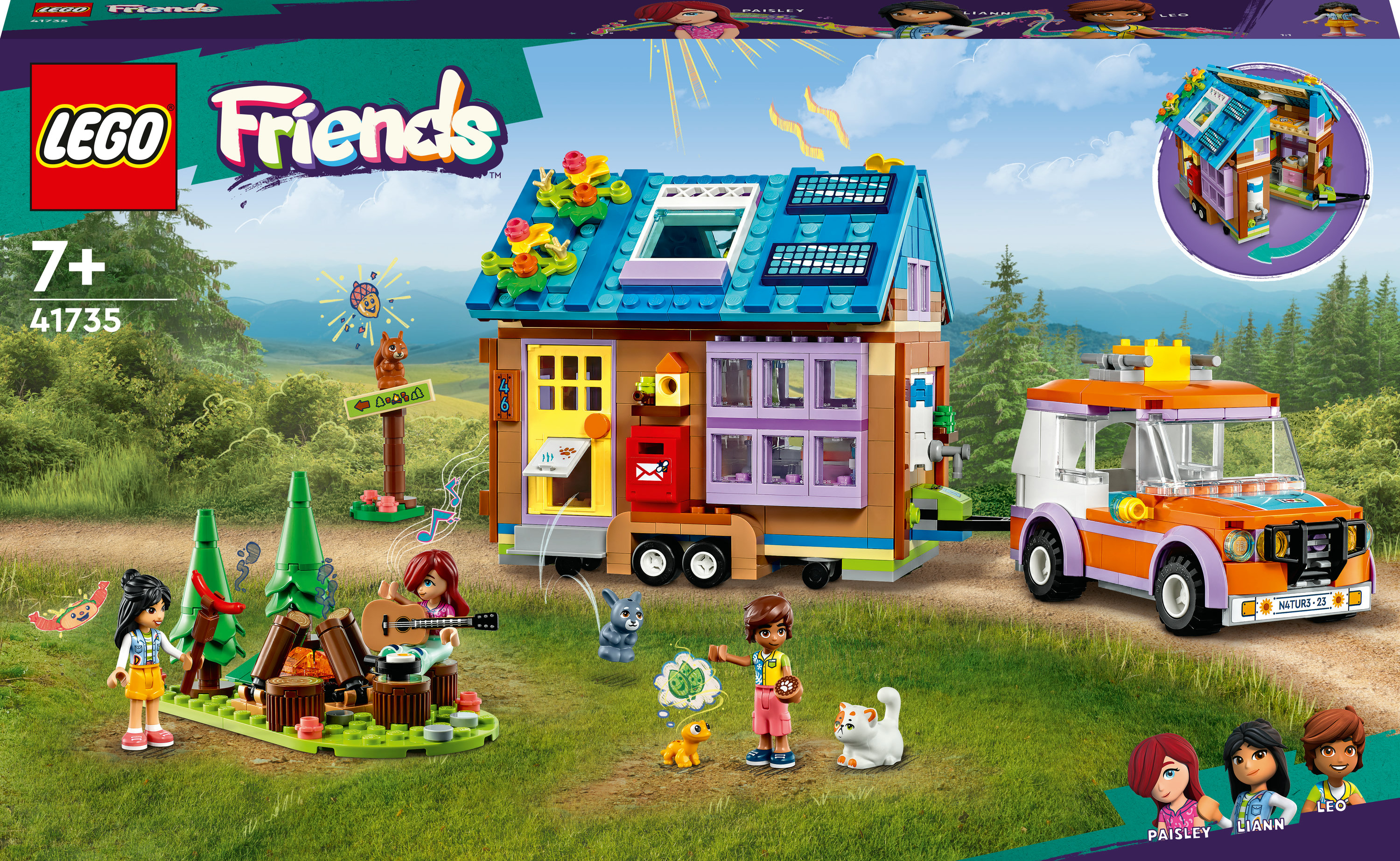 Set Lego Friends con caravana, coche y figuras junto a una hoguera.