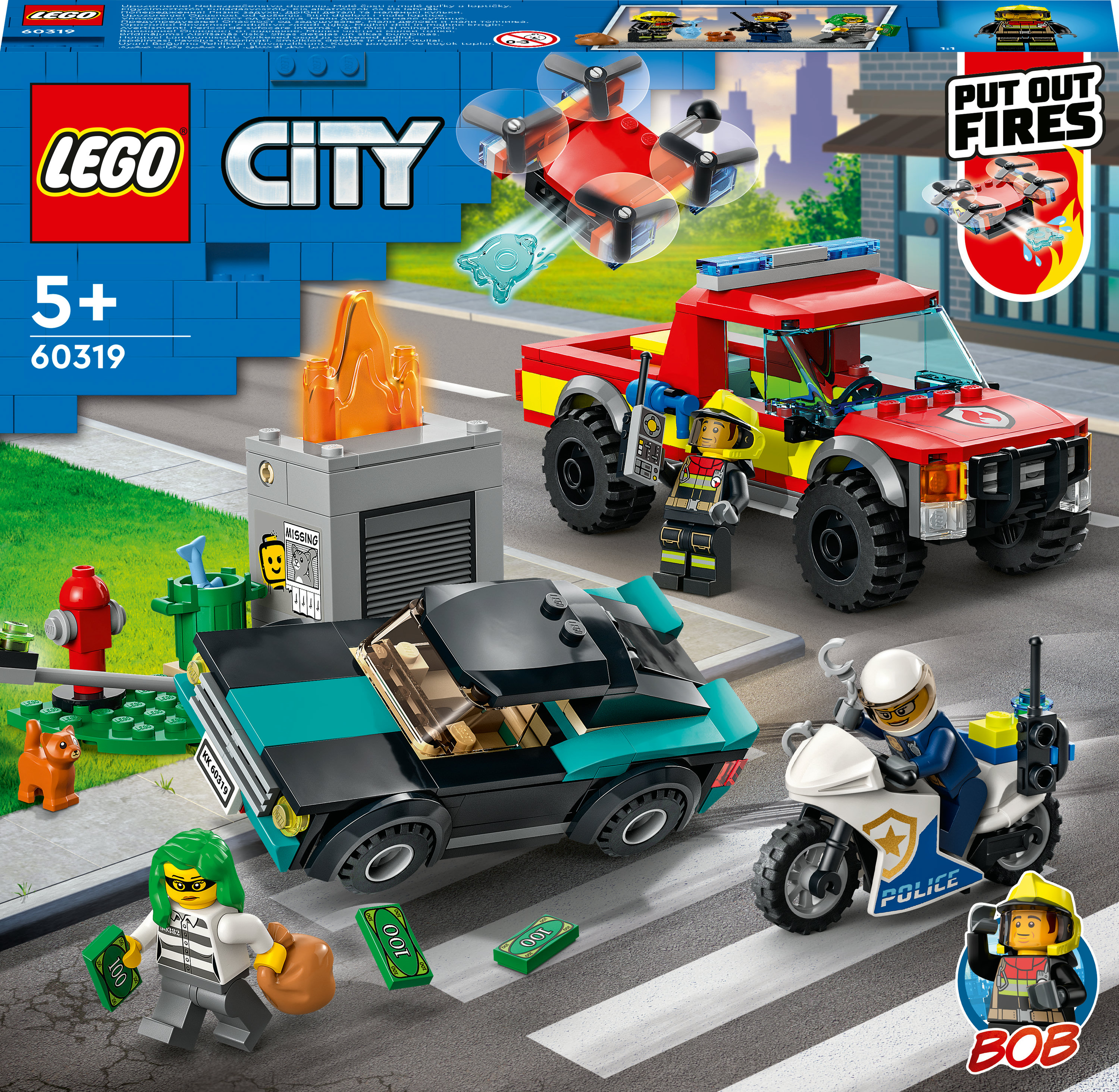 Set LEGO City con camión de bomberos, moto de policía y coche. La escena incluye un incendio, un robo bancario y una estación.