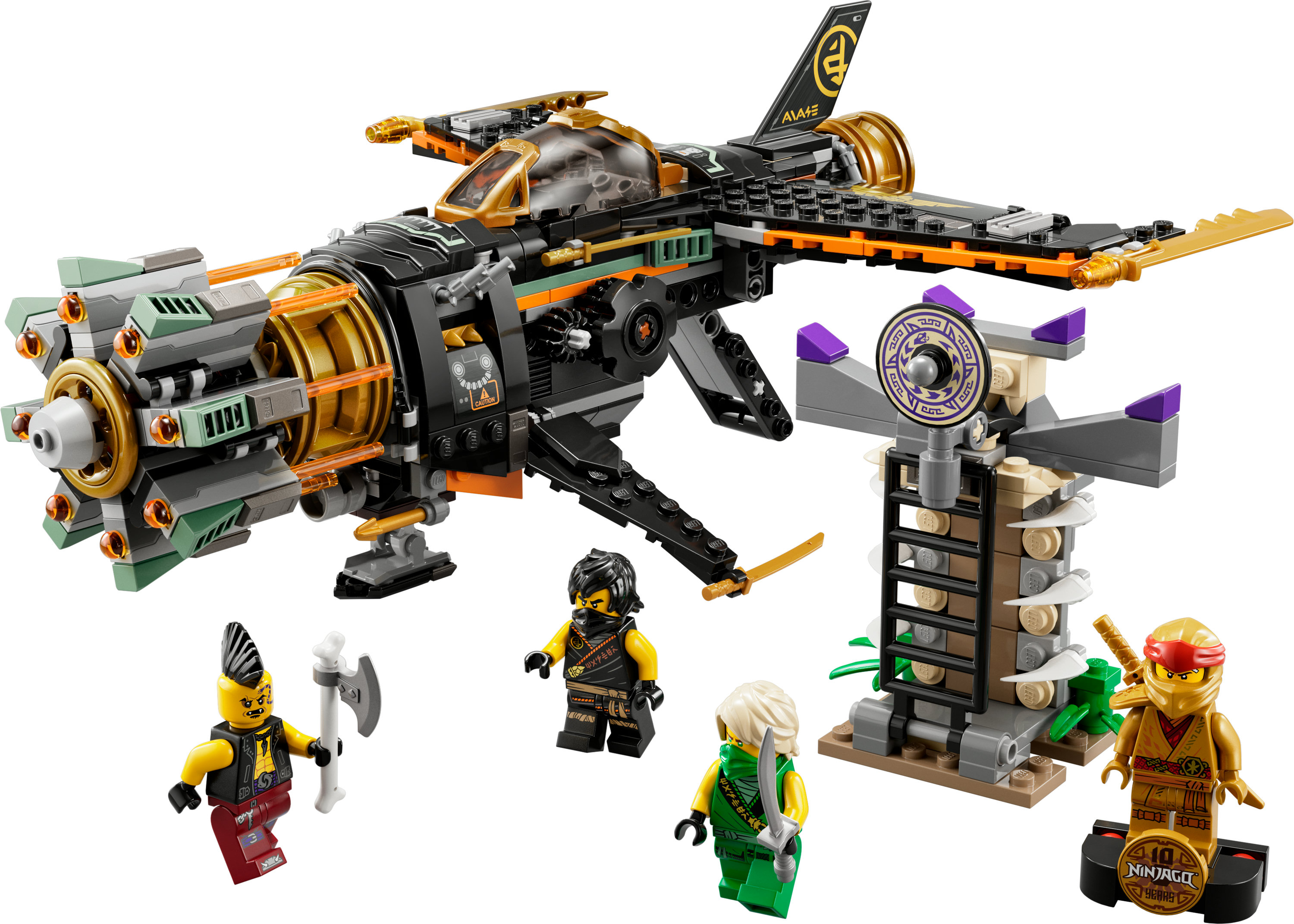 A Lego Ninjago jet airplane set, with figures and structures on a white background.