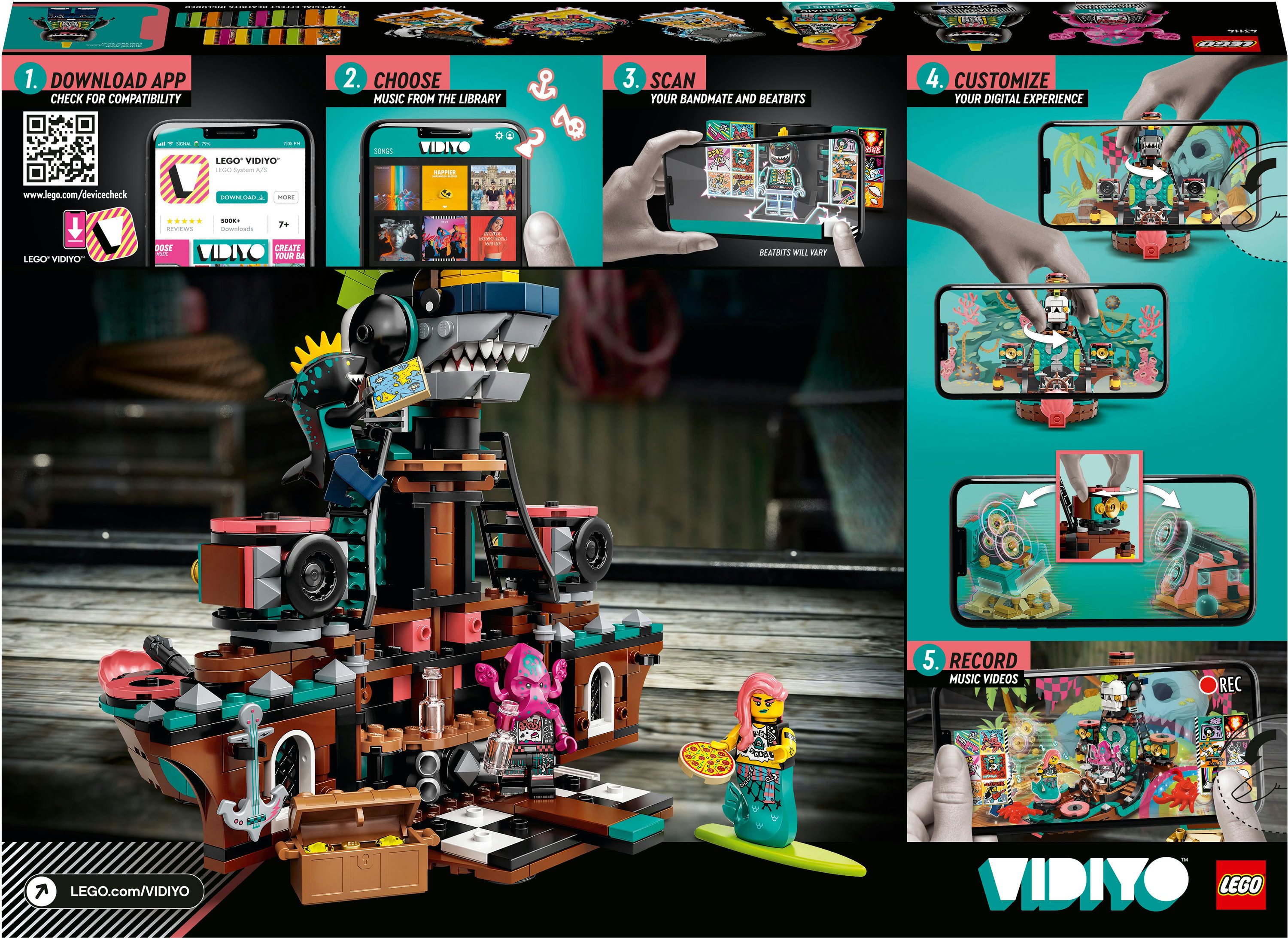 Zestaw Lego z pirackim statkiem i instrukcjami, z minifigurkami Lego i ekranem telefonu.