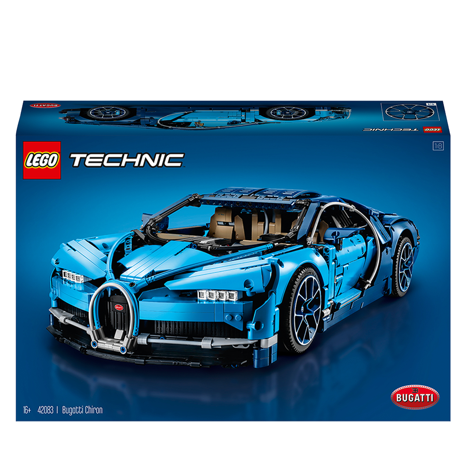 Niebieski samochód Bugatti Chiron LEGO Technic na niebieskim tle, z pudełkiem na górze.