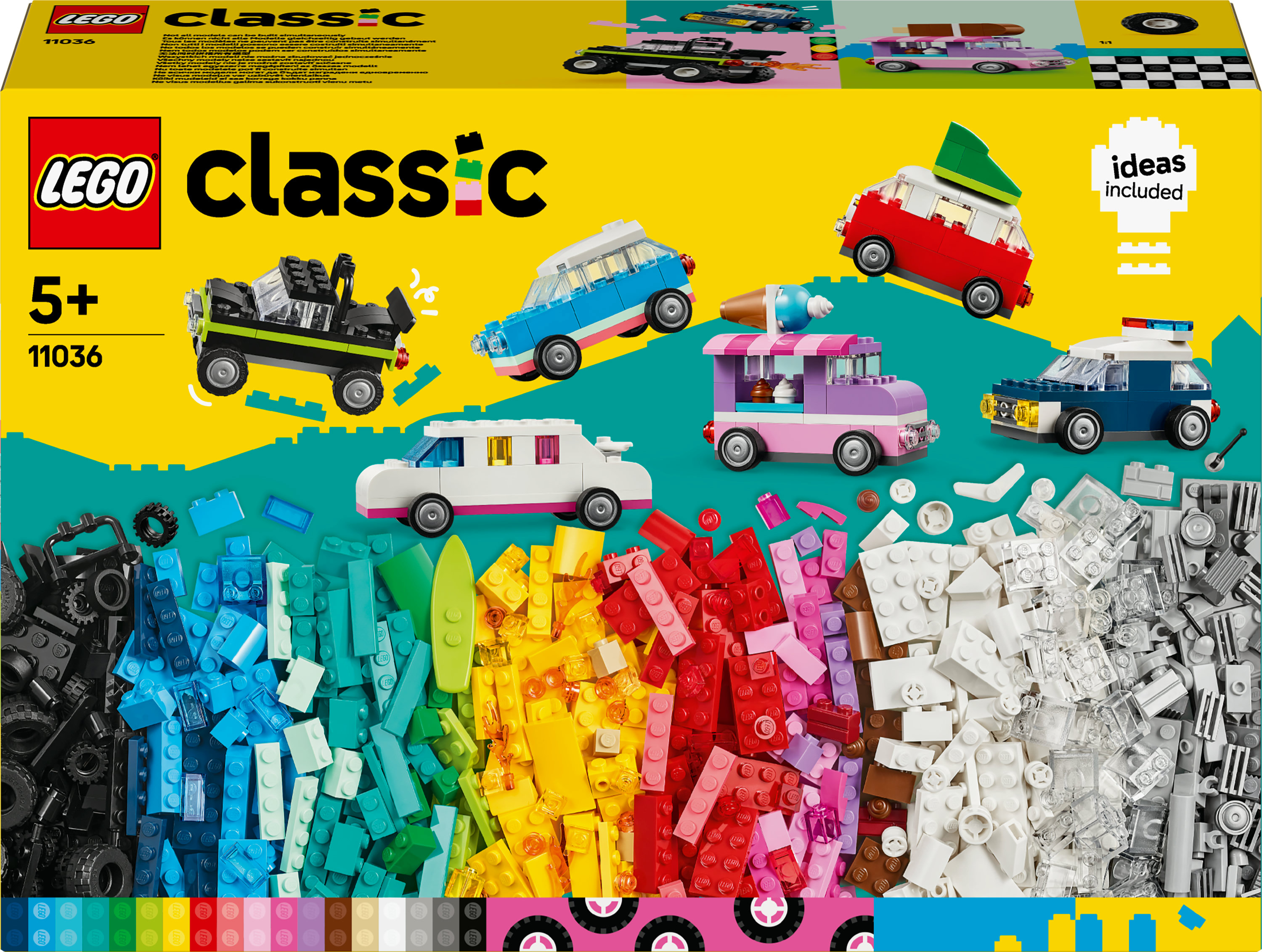 Una scatola Lego Classic. Presenta diverse auto colorate e una varietà di mattoncini Lego.