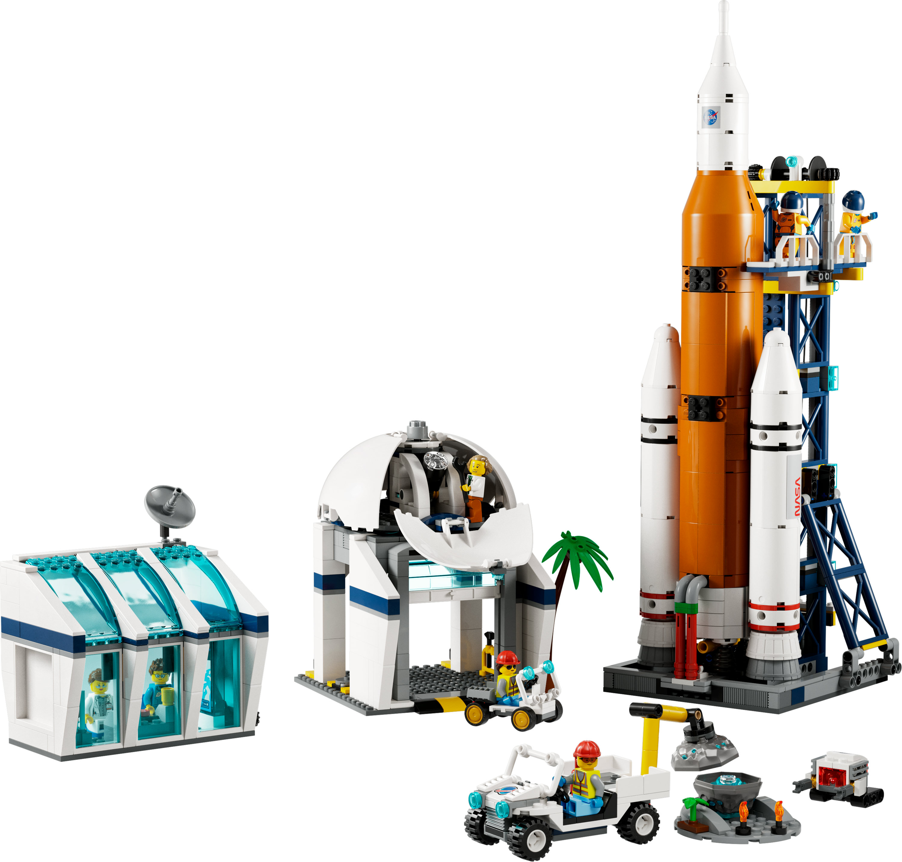 Zestaw stacji kosmicznej Lego City z rakietą, wieżą startową i figurkami.