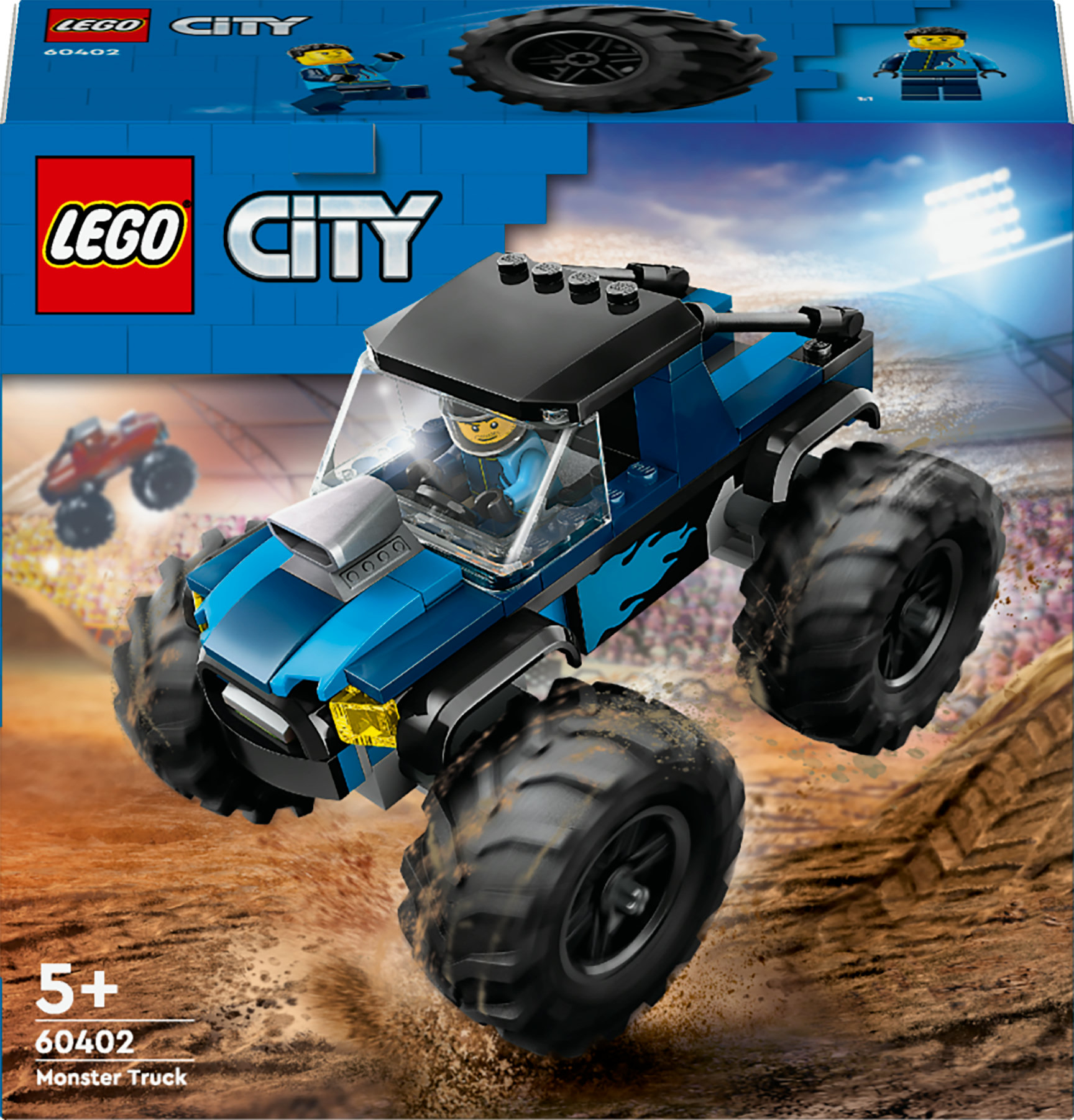 Bir Lego City Monster Truck seti. Kutu, bir toprak pistte sürüş yapan mavi bir canavar kamyonu gösteriyor.