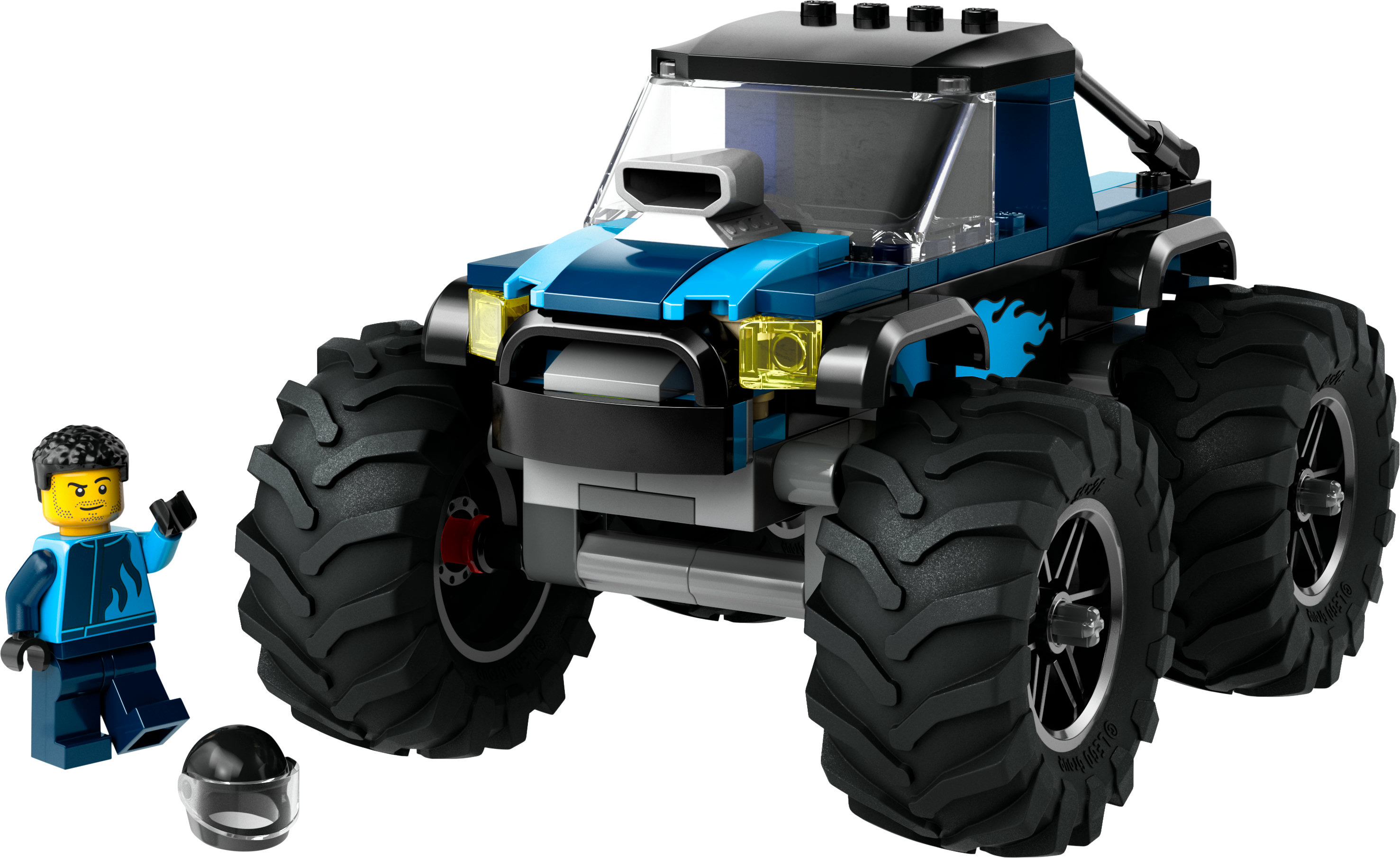 Mavi bir kamyon, bir figür ve bir kask içeren Lego canavar kamyon seti.