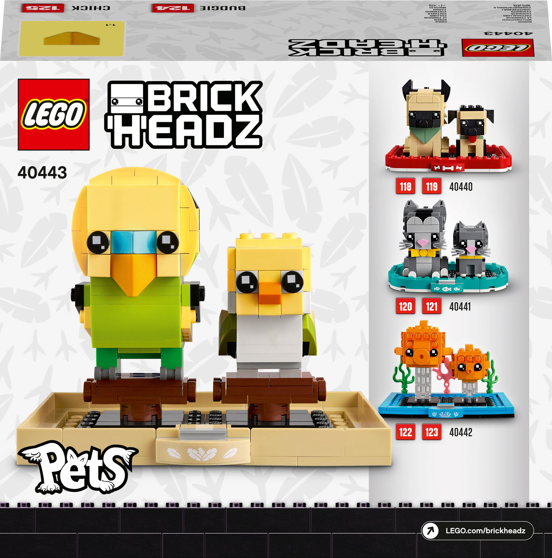 Zestaw Lego BrickHeadz z parą papużek falistych, pisklęciem i parą psów.