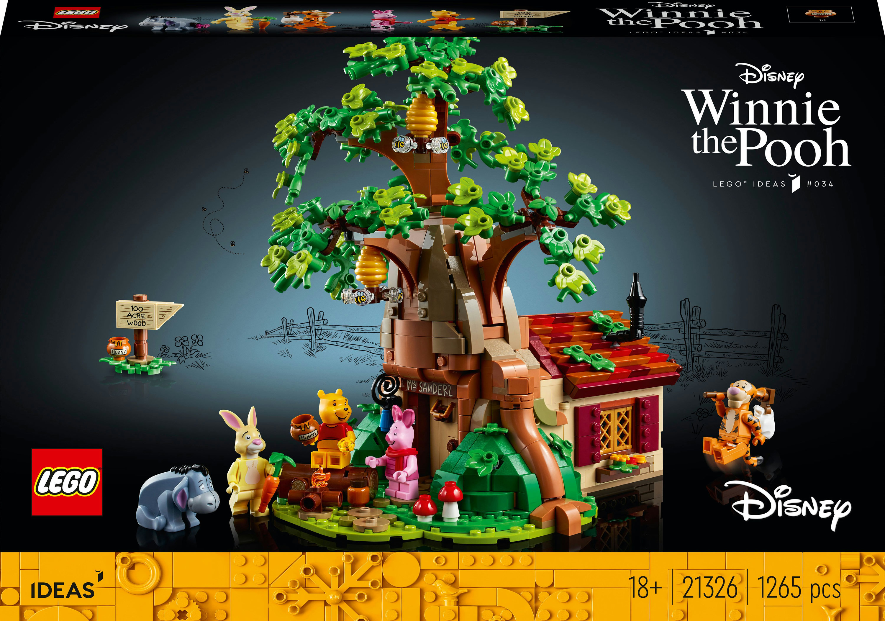 Pudełko zestawu Lego Kubuś Puchatek. Zawiera Kubusia Puchatka, Prosiaczka i domek na drzewie.