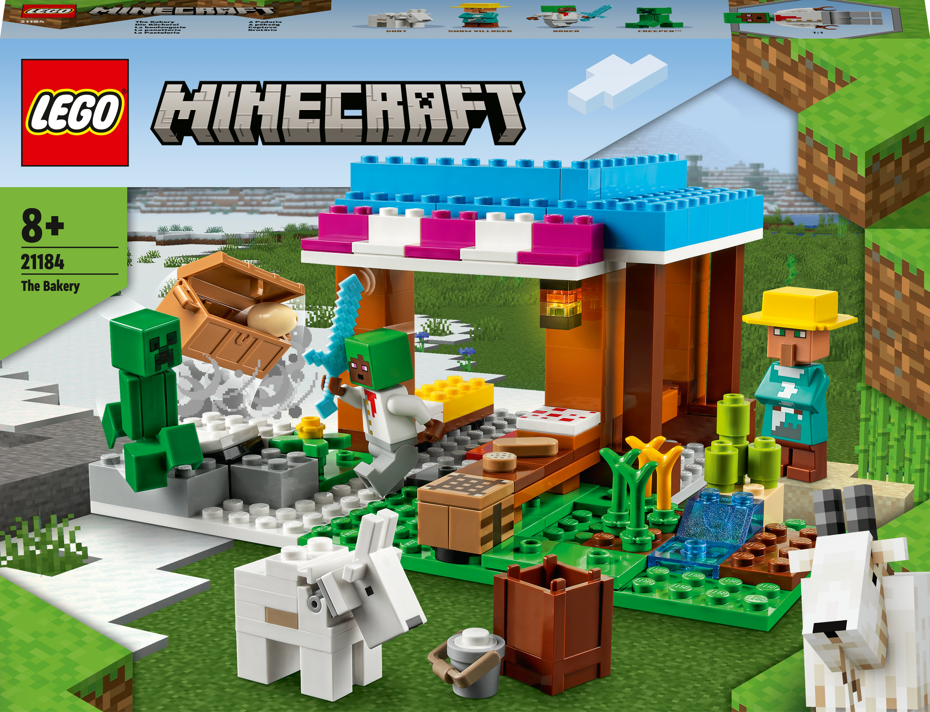 Lego Minecraft Set-Box. Enthält eine Bäckerei mit Figuren, darunter ein Dorfbewohner und ein Creeper.