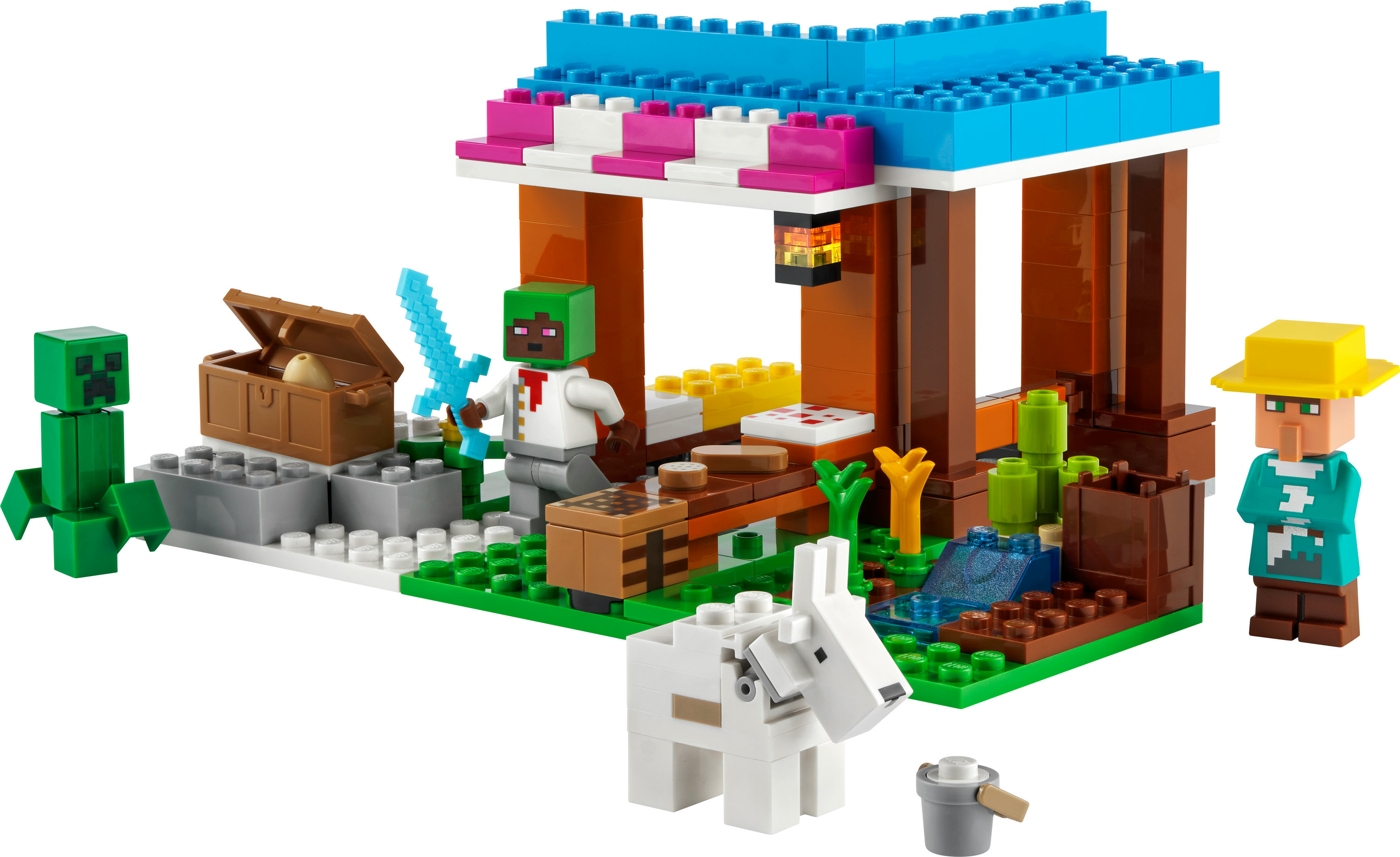 Lego Minecraft Set mit einem Laden, Creeper, Zombie, Bauer und einem Schaf auf weißer Basis.