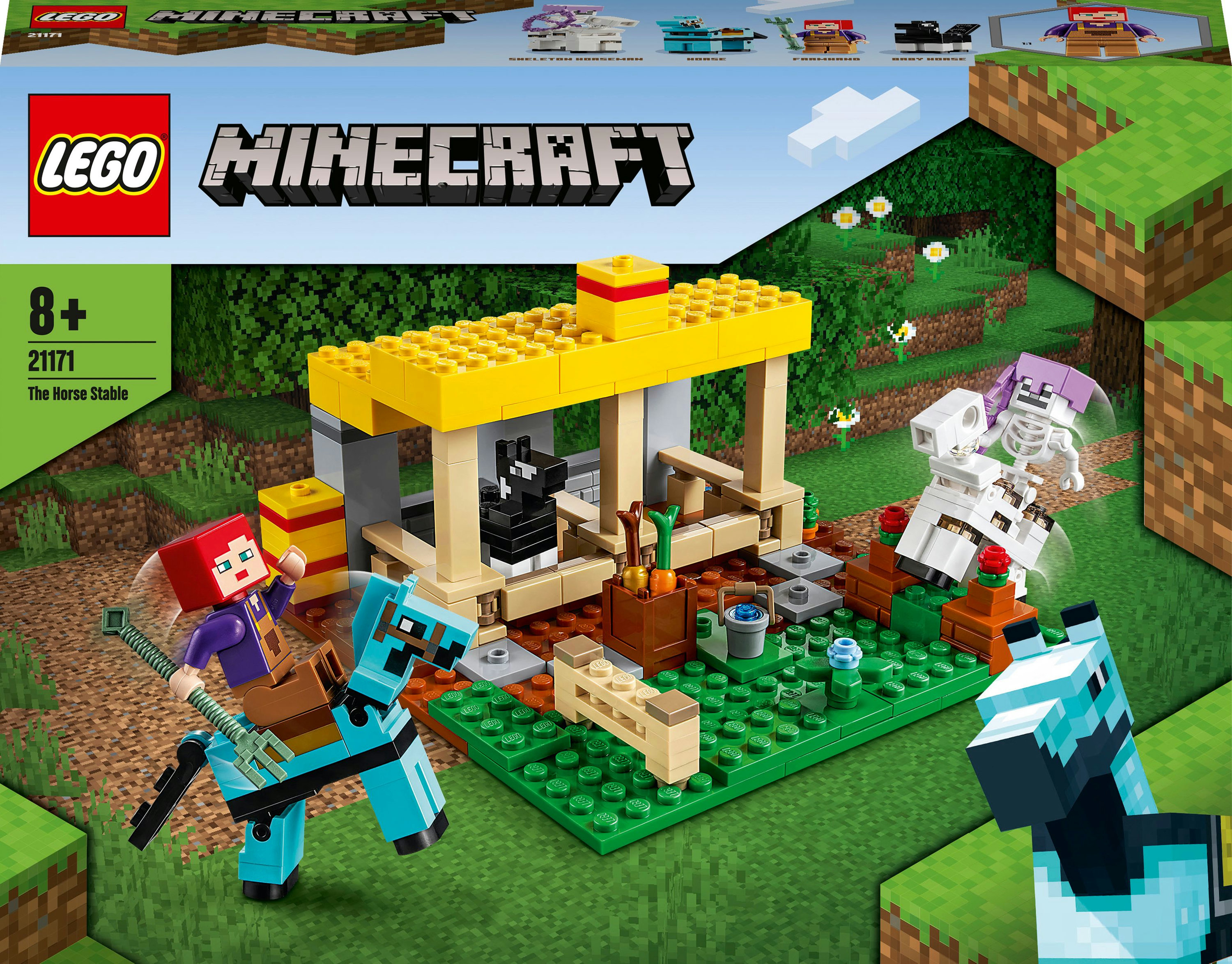 Un set Lego Minecraft. Mostra personaggi e una stalla.