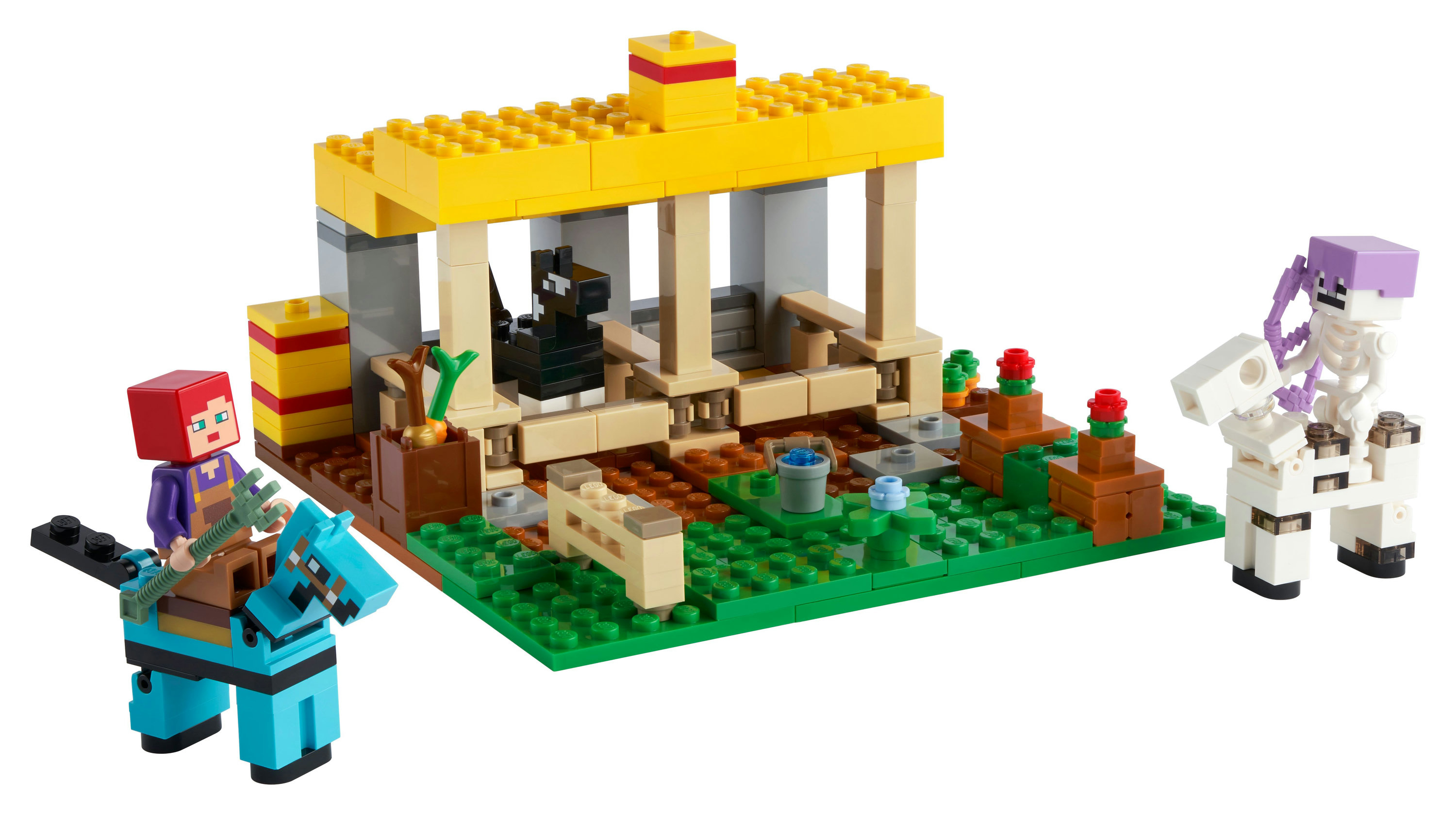 Set Lego Minecraft con una scena di fattoria con struttura, personaggi e animali, incluso un cavallo.
