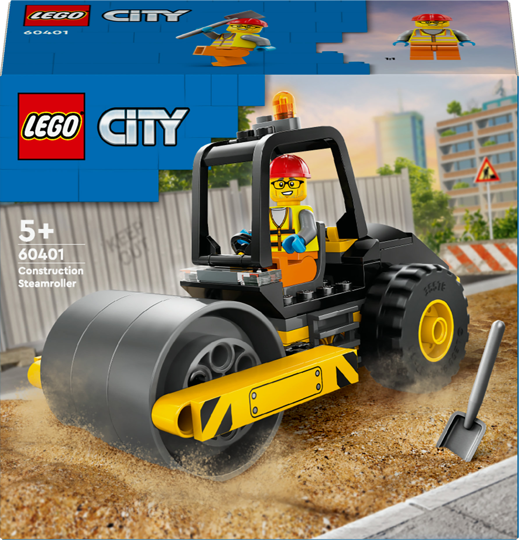 Lego City constructie stoomwals set box, met figuur van een bouwvakker.