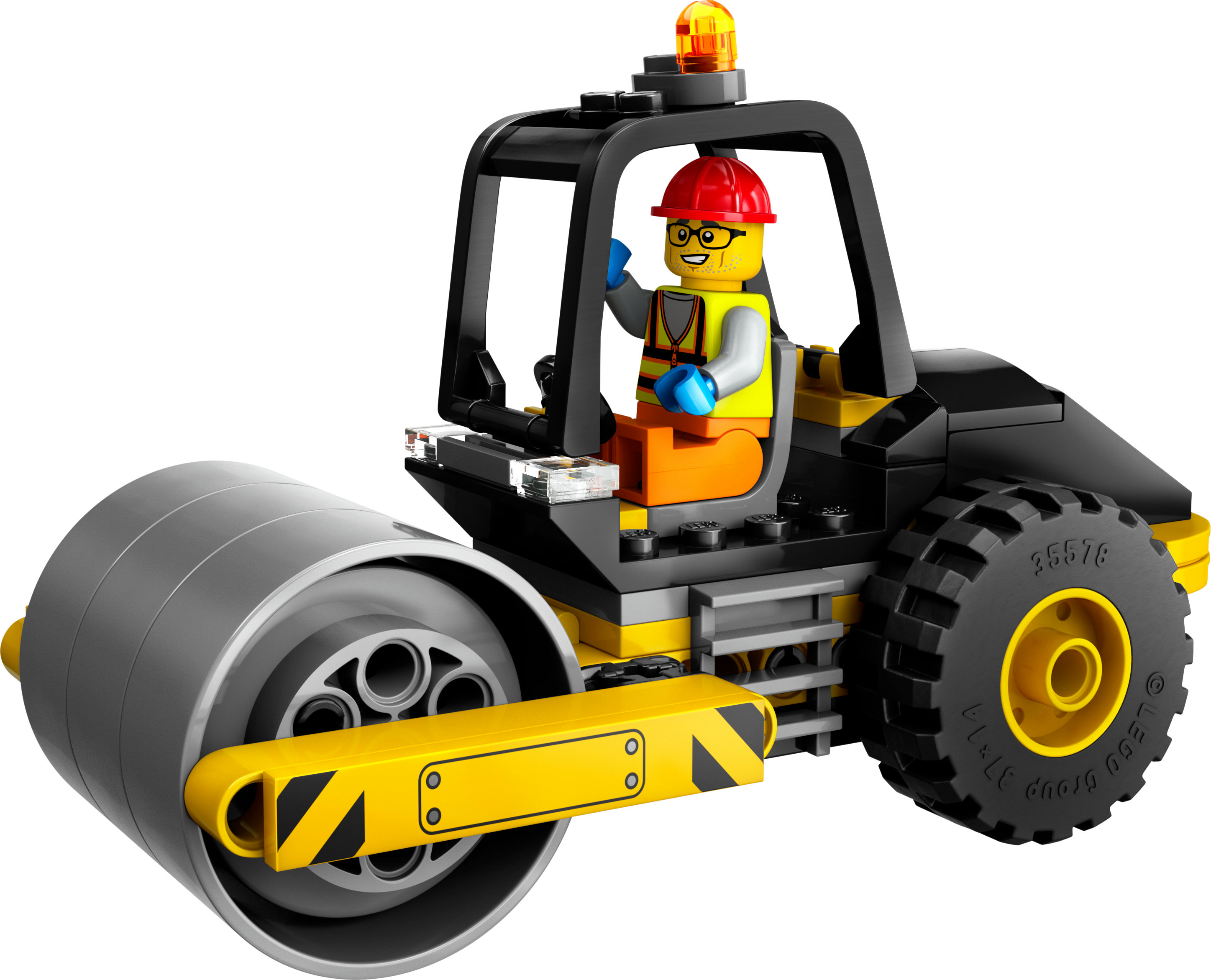 Lego bouwvakker bestuurt een zwart-gele stoomwals. De achtergrond is wit.