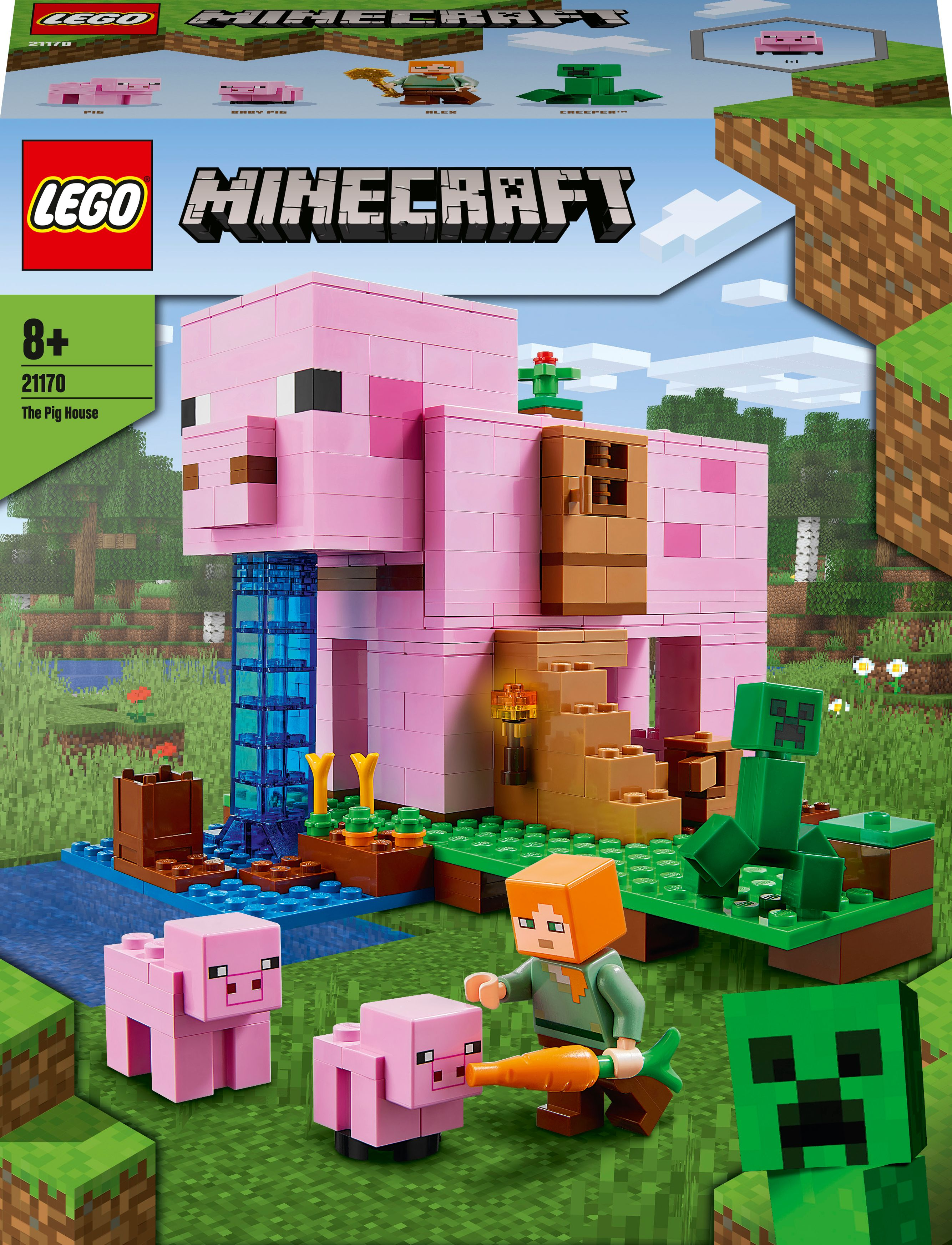 Set Lego Minecraft: The Pig House, una casa rosa con maiali, Creeper e la minifigure di Alex.