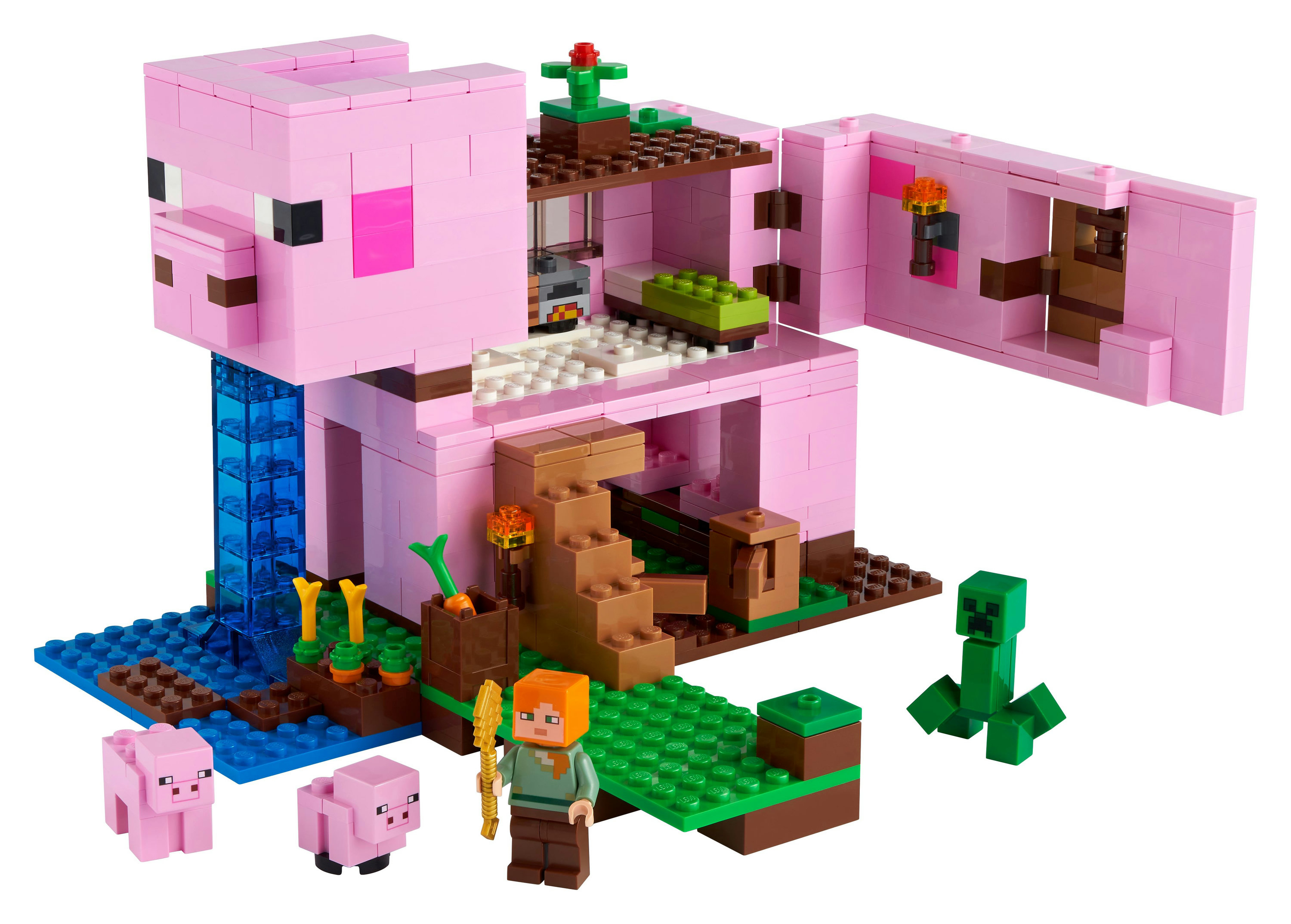 Set LEGO di Minecraft. Casa di maiale rosa, con personaggi di Alex, un maiale e un creeper.