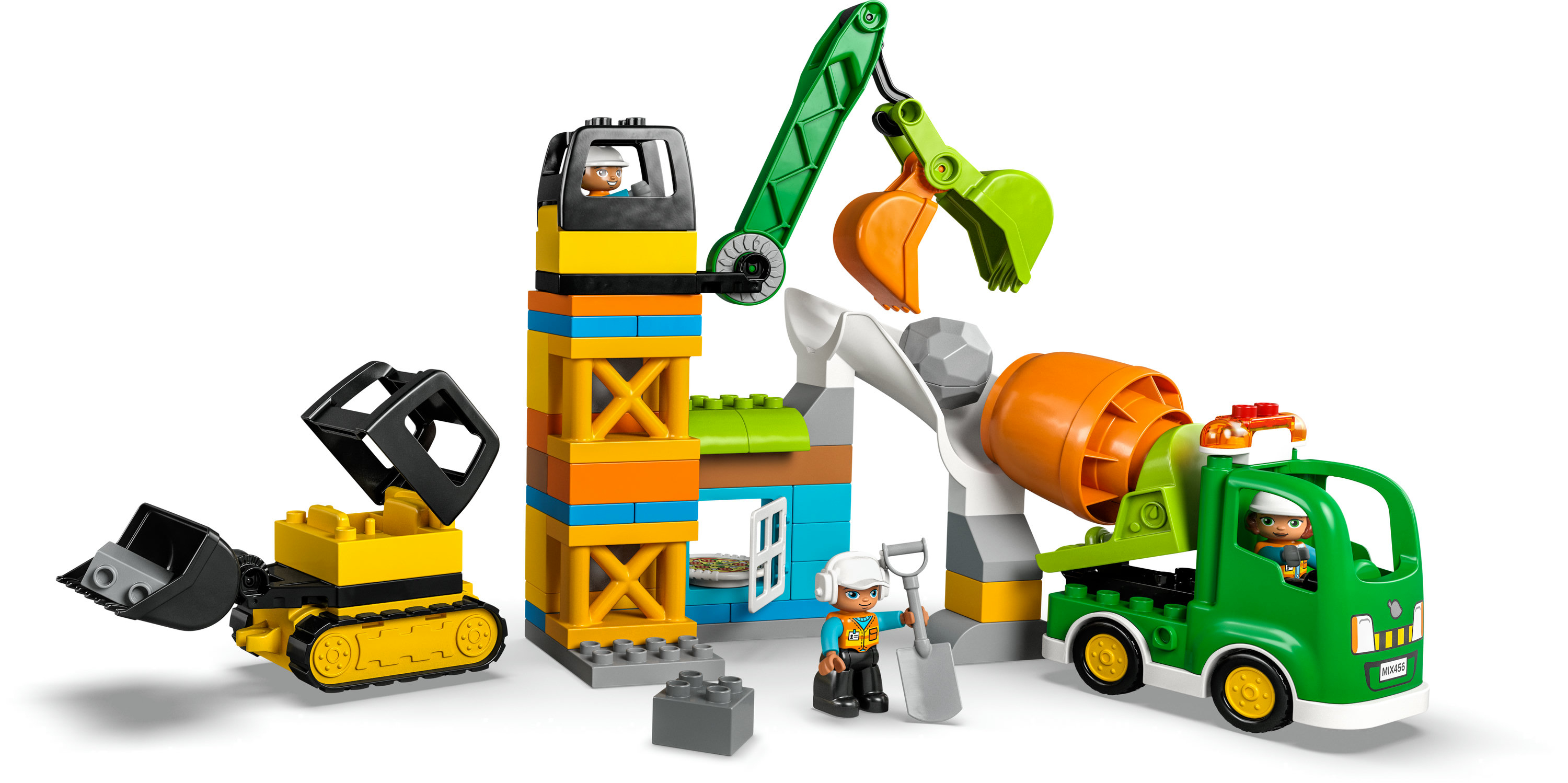 Set di costruzione Lego Duplo: Bulldozer giallo, betoniera verde e operai vicino a un edificio.