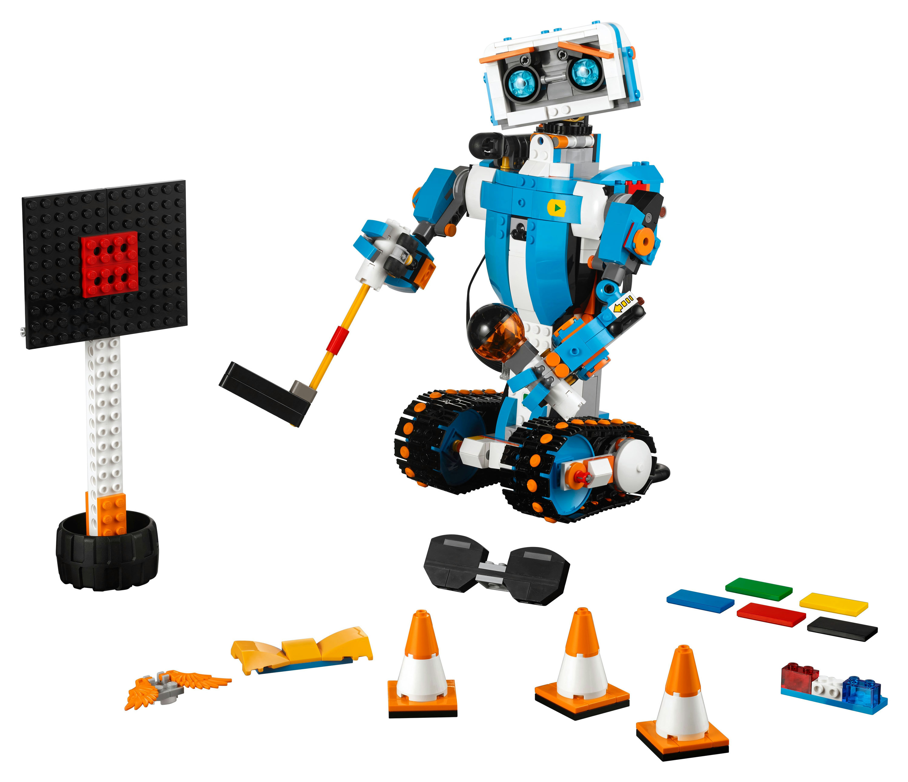 Robot Lego Boost con canestro, coni e altri pezzi da costruzione.
