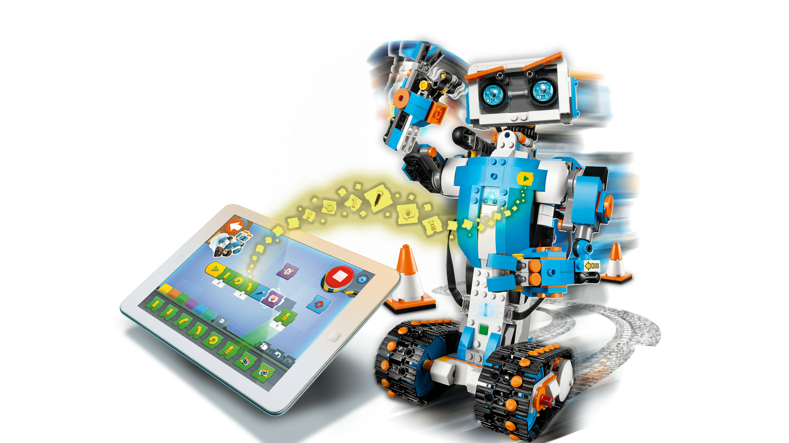 Un robot blu e bianco con un tablet che mostra un'interfaccia di codifica.