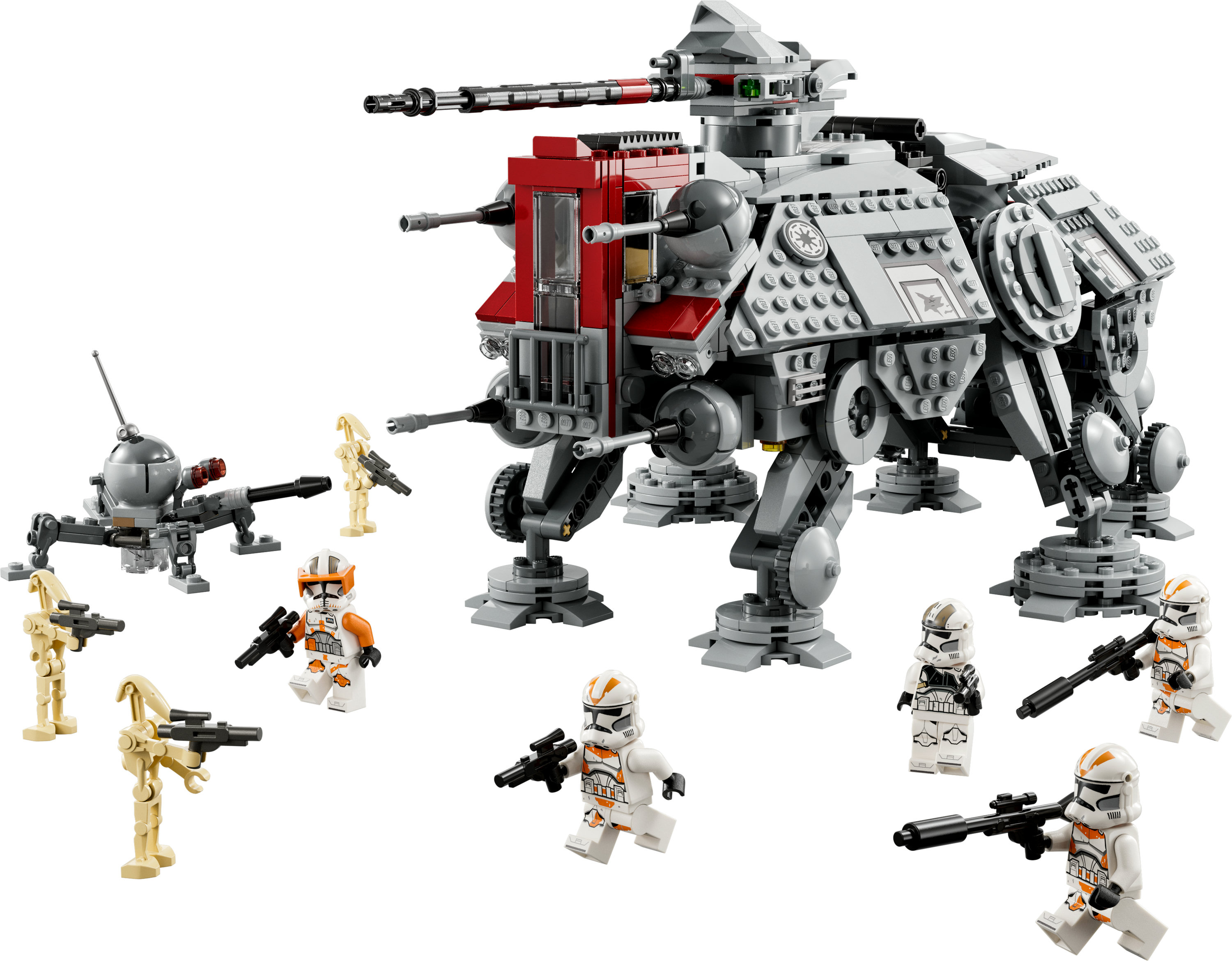 Lego Star Wars AT-AT z minifigurkami żołnierzy-klonów i droidów bojowych.