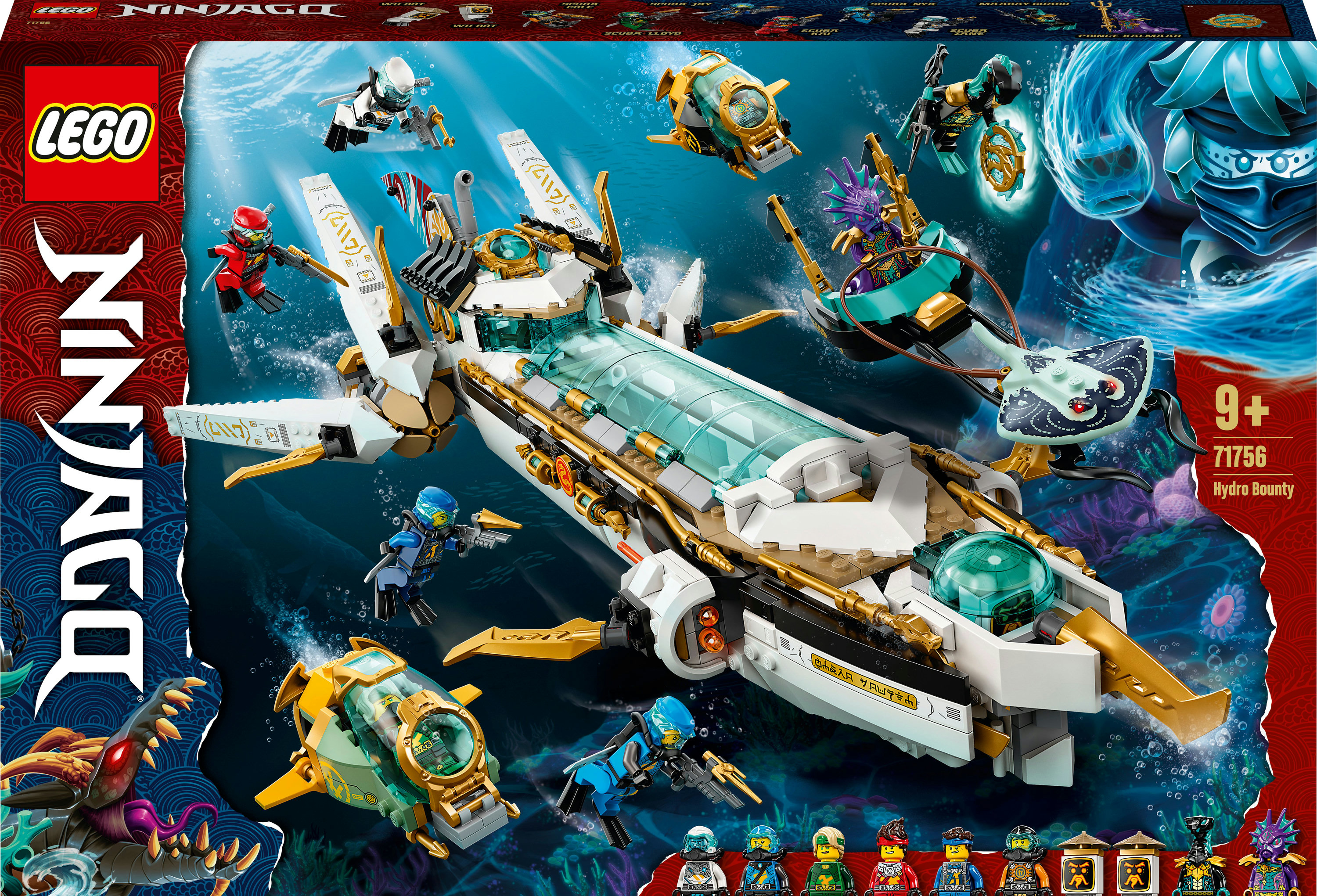 Ensemble Lego Ninjago Hydro Bounty : un grand navire, des mini-sous-marins et des figurines de ninja, avec un fond sous-marin bleu.