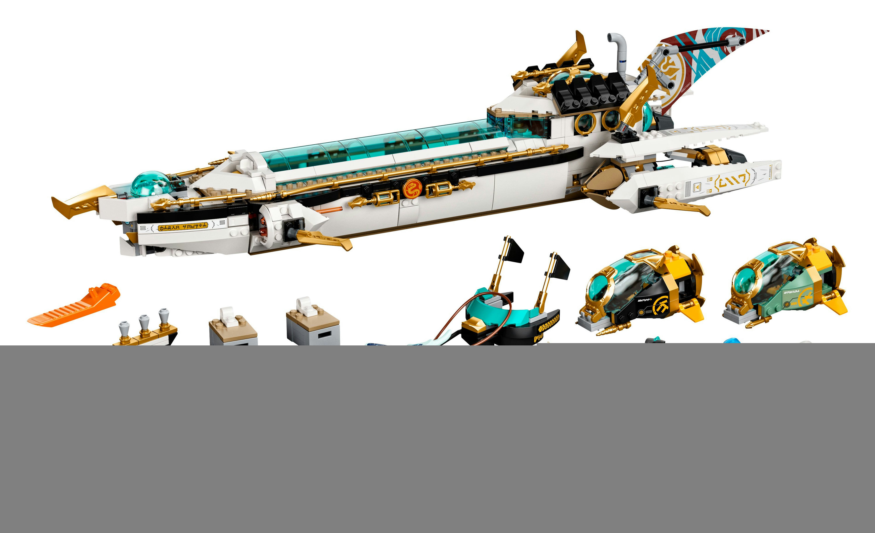 Un ensemble Lego vaisseau spatial, blanc avec des accents bleus et dorés, comprend des navires plus petits et des éléments.