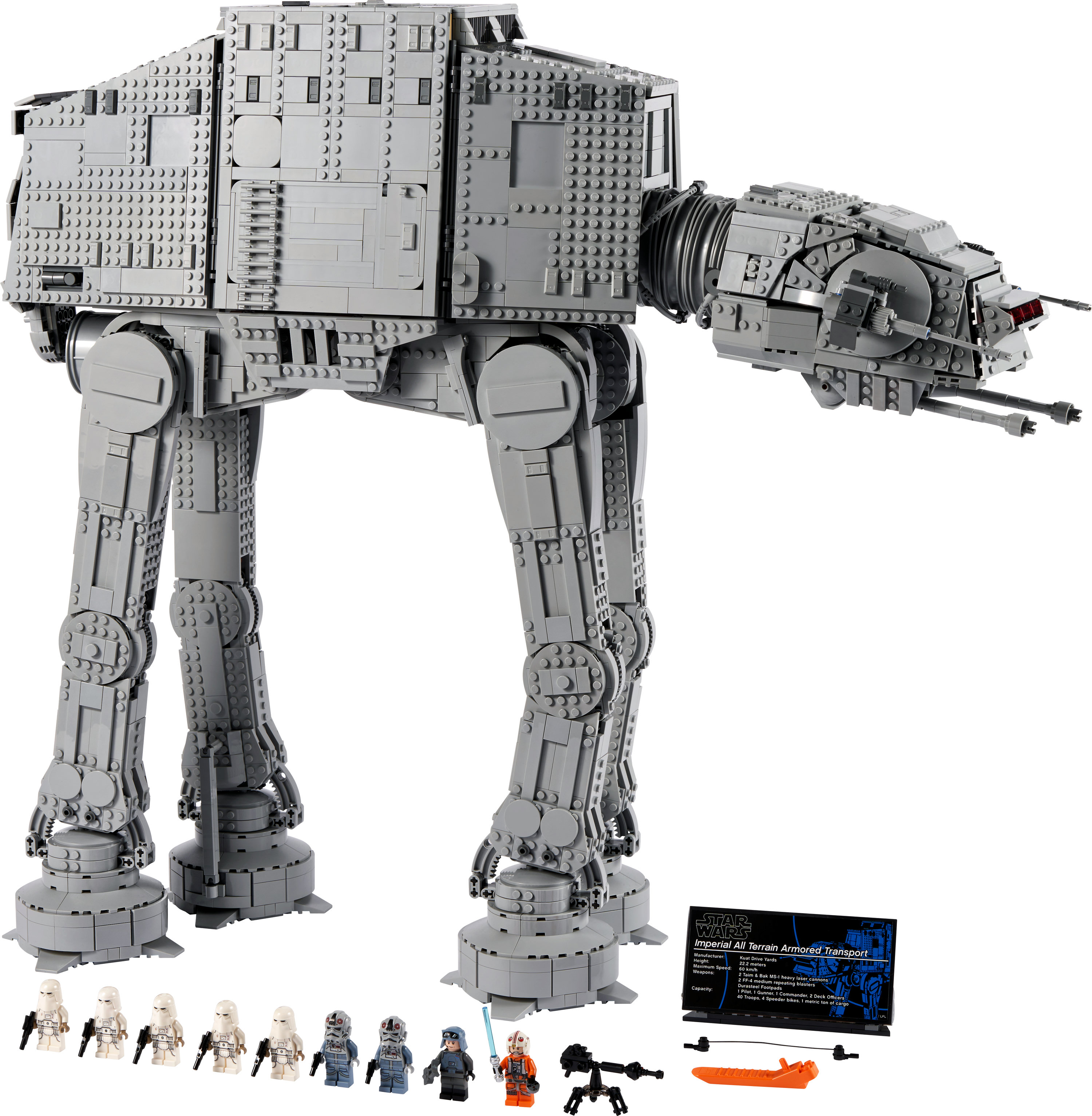 Zestaw Lego Star Wars AT-AT. Szary chodziarz z figurkami szturmowców i innych postaci.