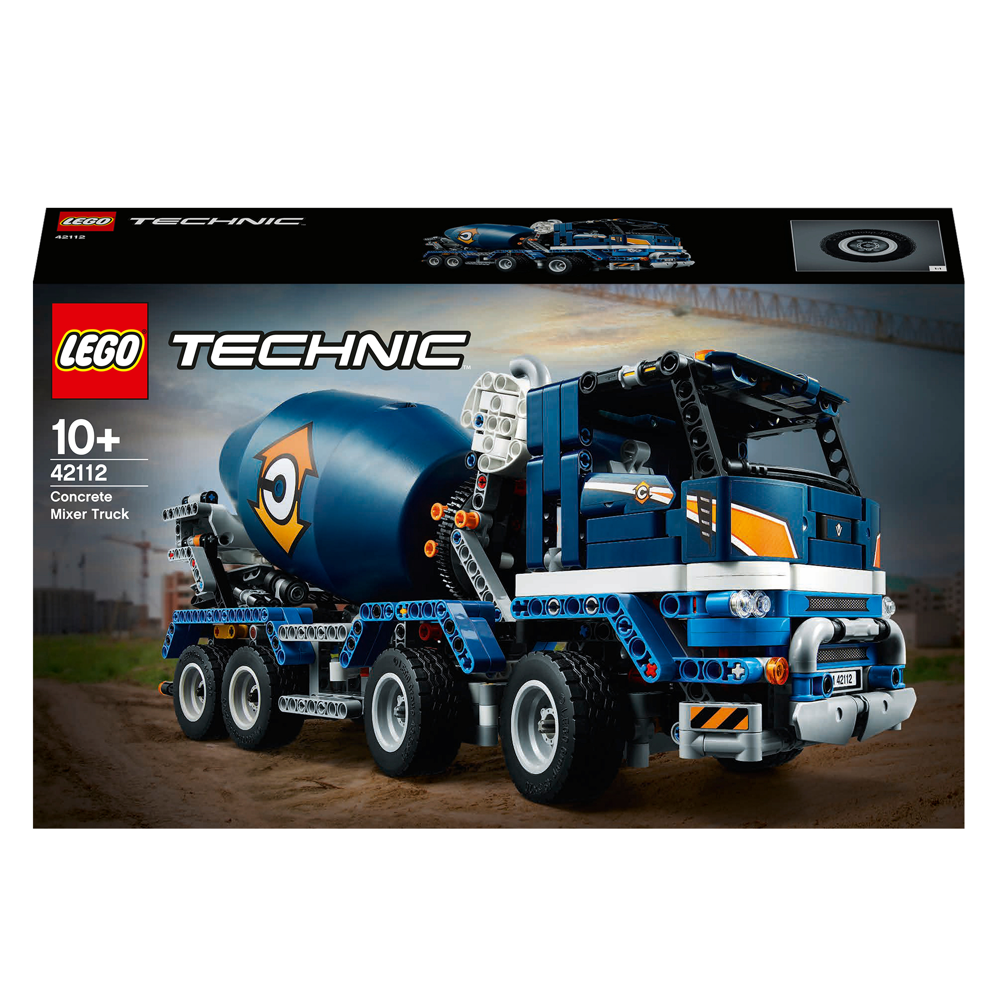 Camion malaxeur à béton Lego Technic sur une surface. Détails bleus et oranges, plusieurs roues, fond noir.