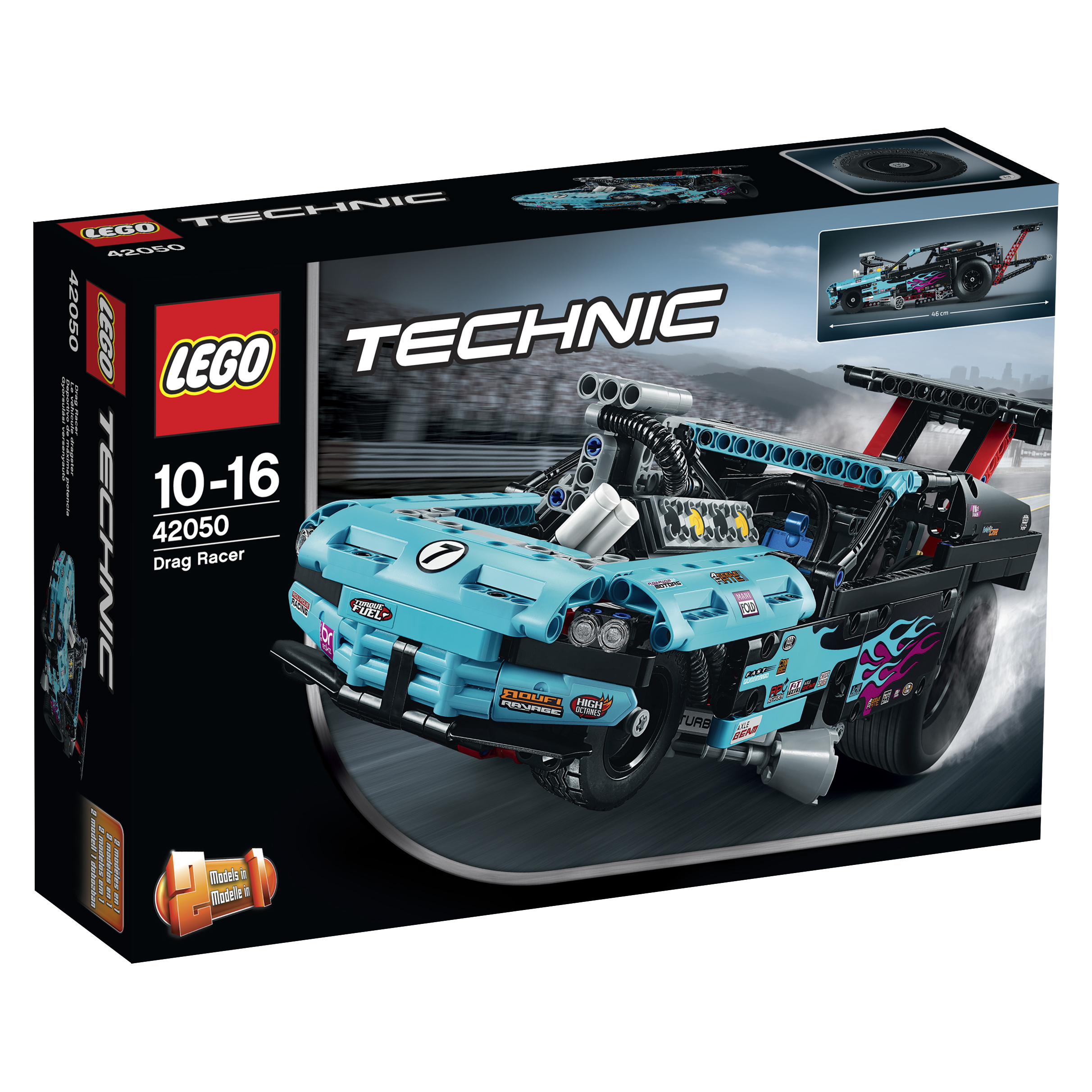 Zestaw LEGO Technic Drag Racer z niebieskim samochodem wyścigowym na czarnym tle.